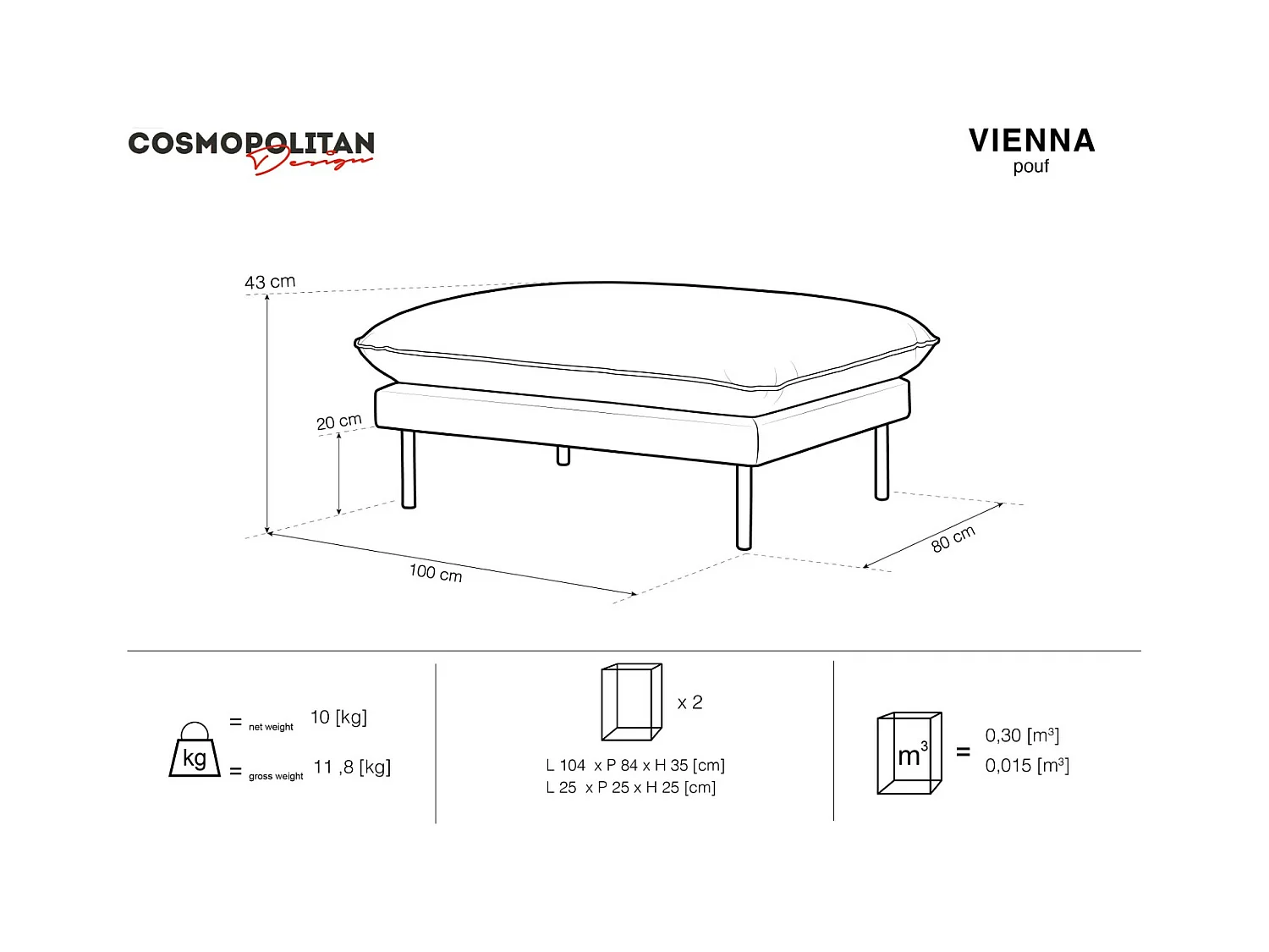 Cosmopolitan Design - Pouf "Vienna" en tissu structurel gris clair - 100x80x43cm