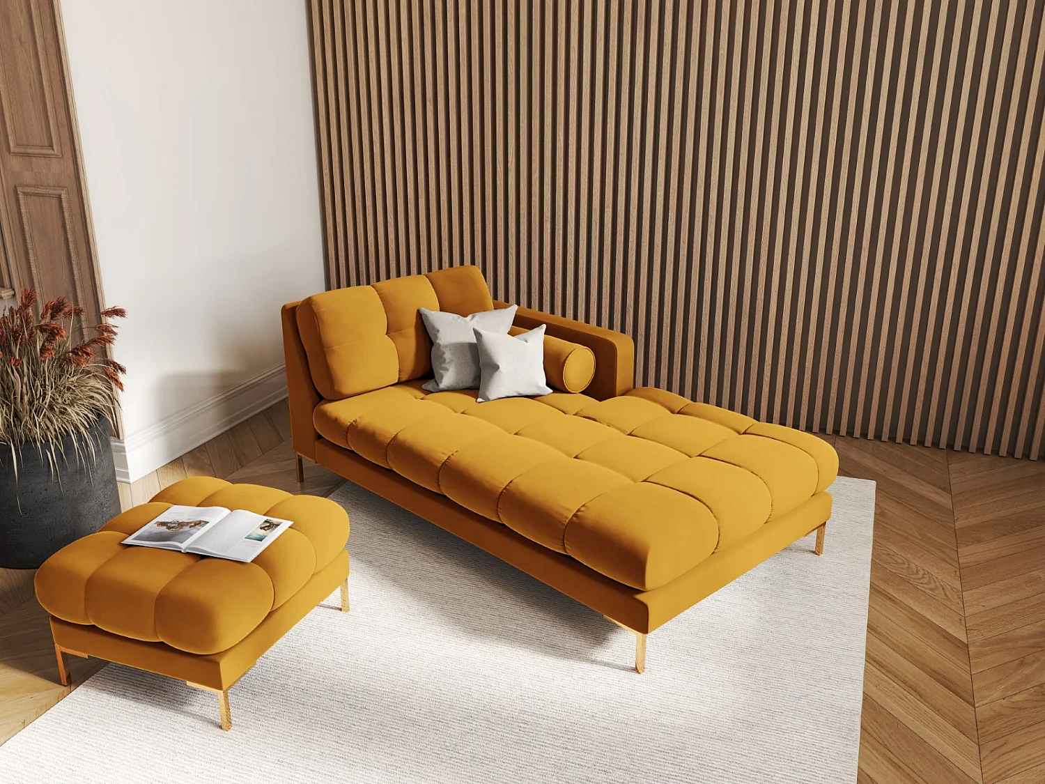 Cosmopolitan Design - Pufe "Bali" em veludo amarelo - 60x60x41cm