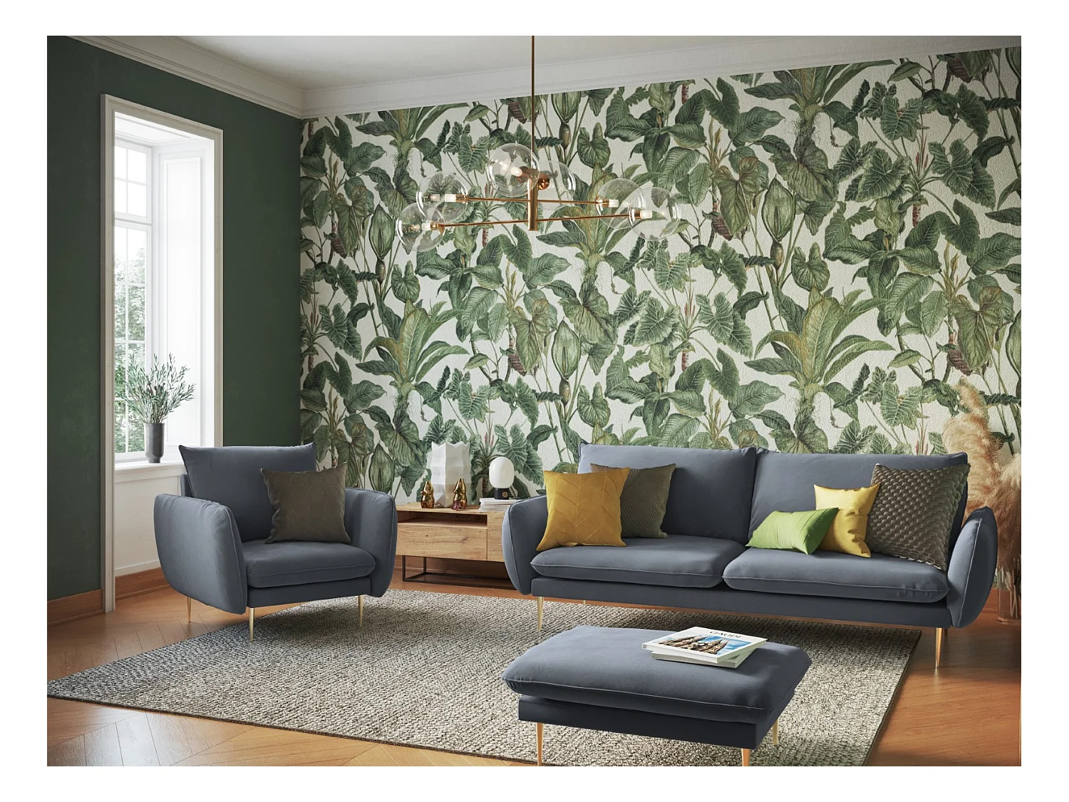 Cosmopolitan Design - Pouf "Vienna" in velluto blu grigio - 100x80x43cm