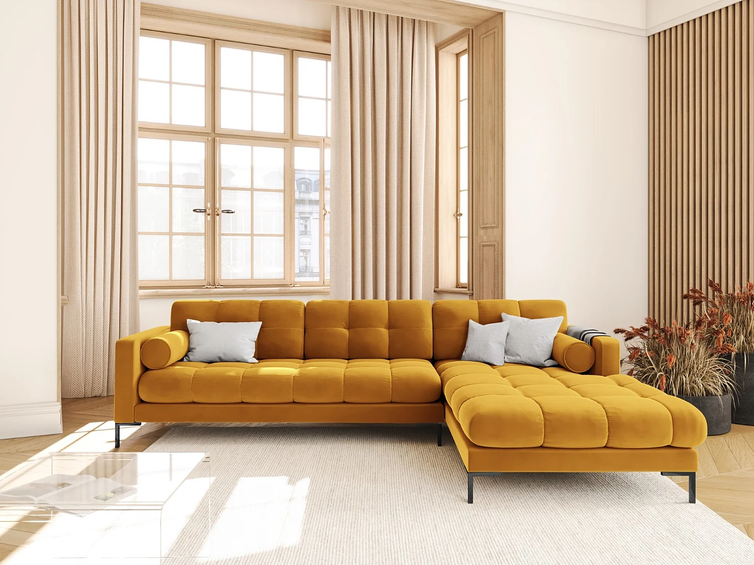 Cosmopolitan Design - Sofá de canto direito "Bali" 5 lugares em veludo amarelo - 293x185x75cm