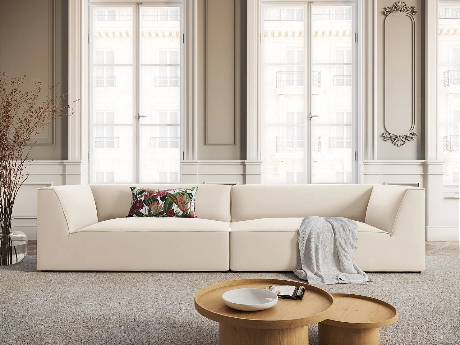 CXL by Christian Lacroix - Bank "Charles" 4 zitplaatsen, Flueel, Beige - 302x93x69cm