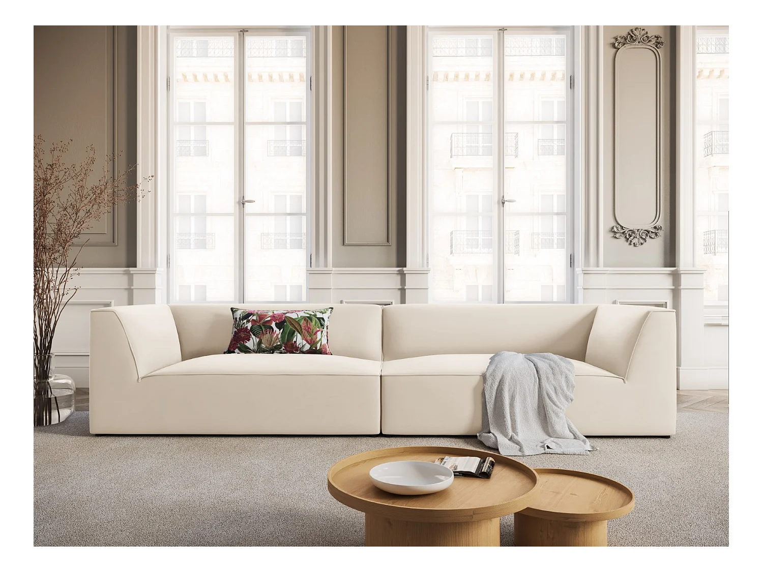 CXL by Christian Lacroix - Canapé "Charles" 4 places en velours beige - 302x93x69cm