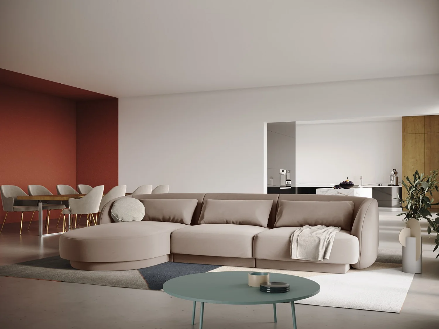 Cosmopolitan Design - Sofá esquinero izquierdo "Tulum" 4 plazas de terciopelo beige - 255x156x70cm