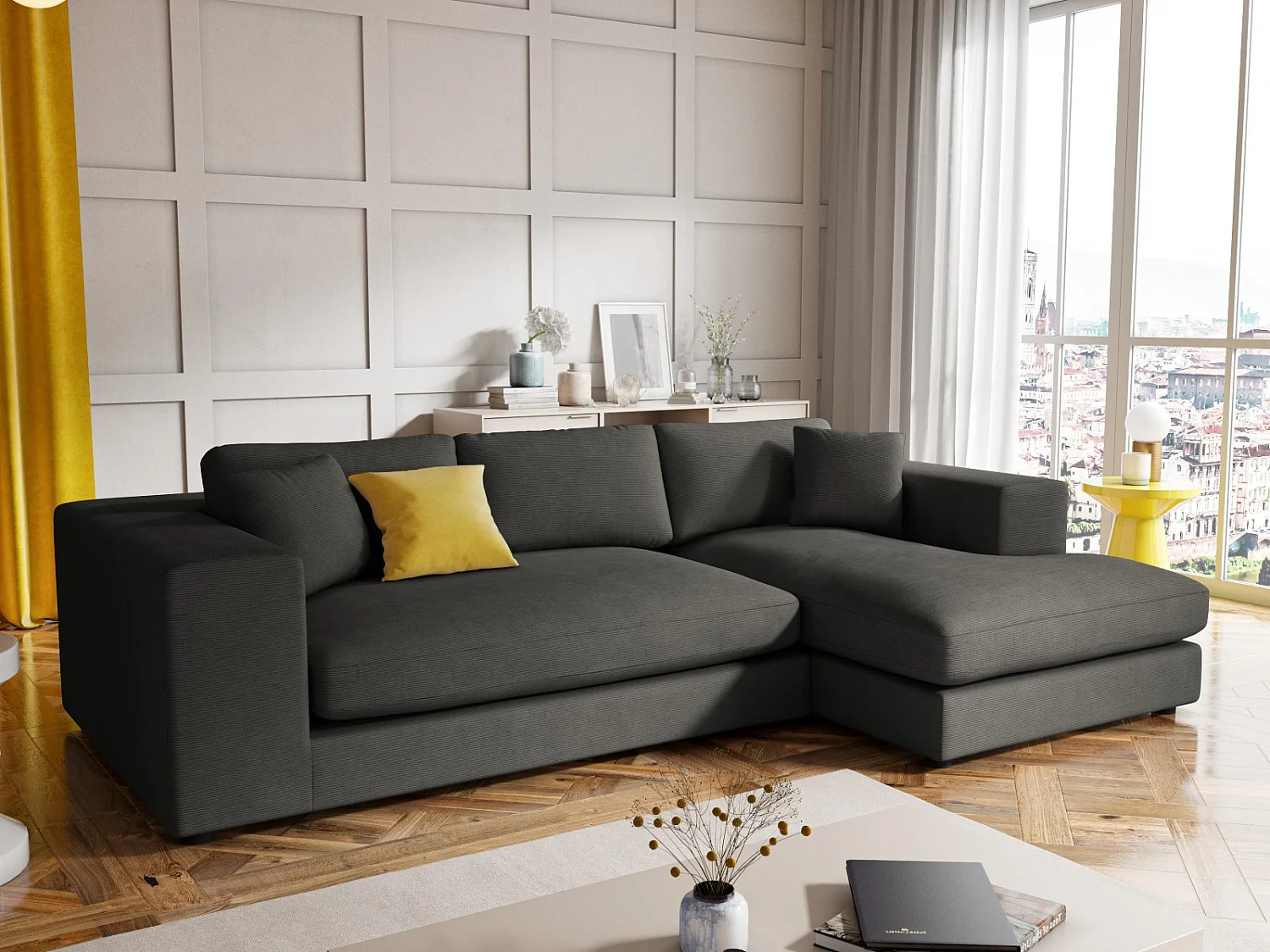 CXL by Christian Lacroix - 5-Sitzer Ecksofa rechts "Tendance" Sitzer aus Cord dunkelgrau - 282x174x72cm