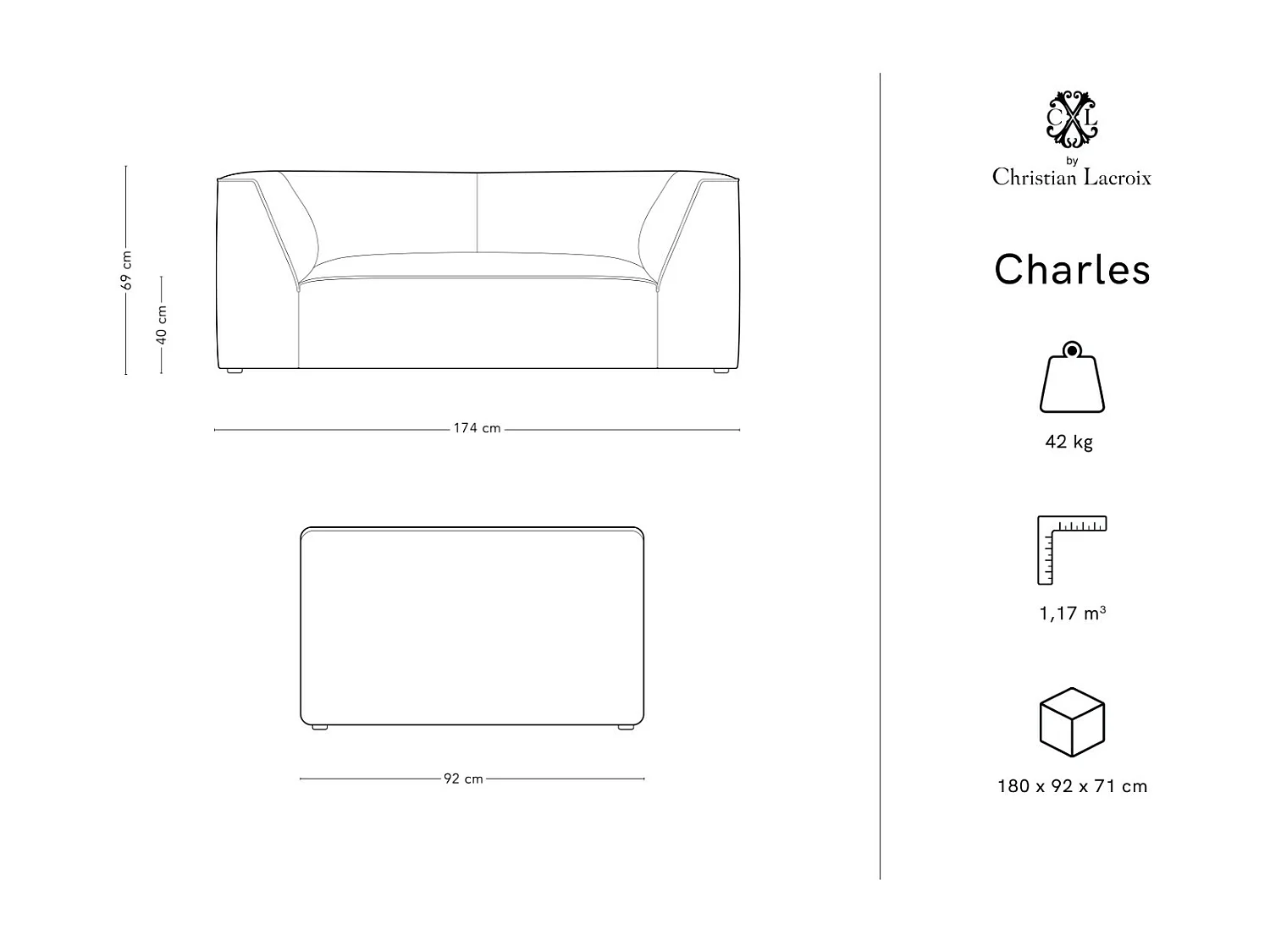 CXL by Christian Lacroix - Sofa, "Charles" 2 miejsca welur, beż - 174x92x69cm