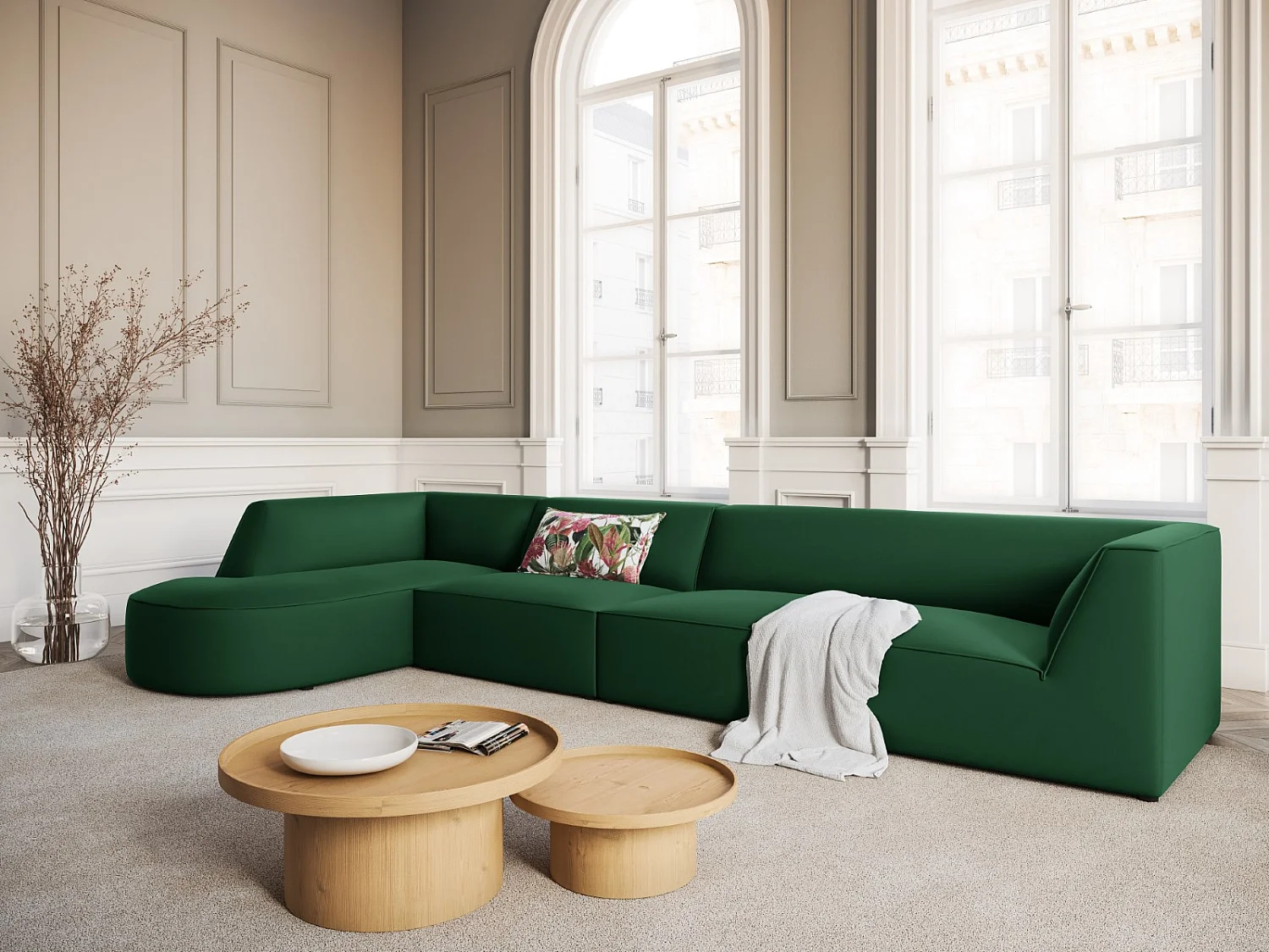 CXL by Christian Lacroix - Sofá esquinero izquierdo "Charles" 5 plazas de terciopelo verde - 366x180x69cm