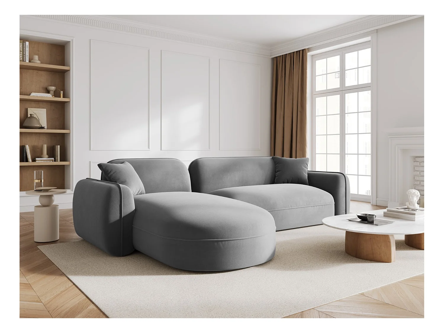 CXL by Christian Lacroix - Canapé d'angle gauche modulable "Lucien" 4 places en velours gris clair - 275x165x70cm