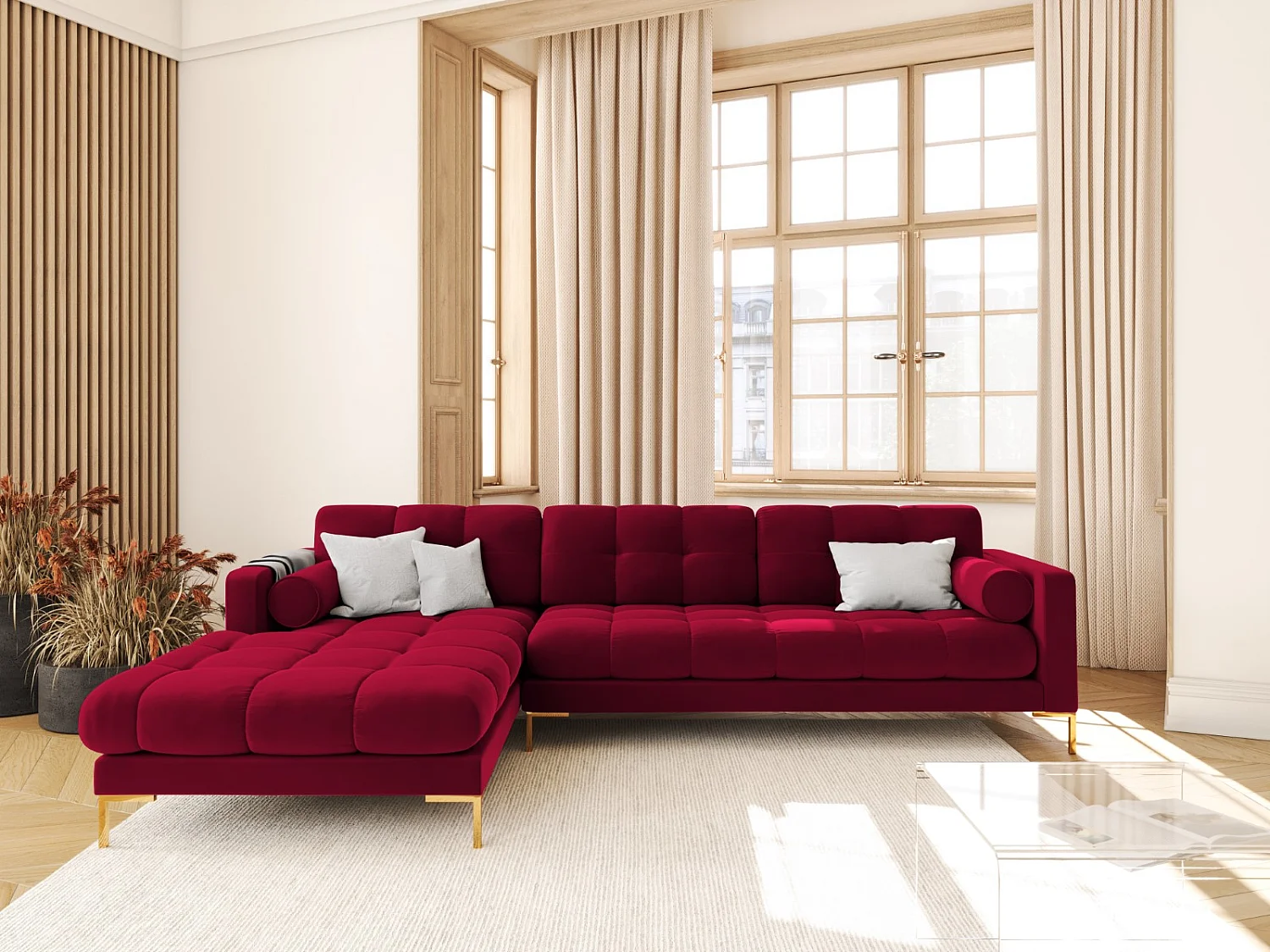 Cosmopolitan Design - 5-Sitzer Ecksofa links "Bali" aus Samt rot - 293x185x75cm