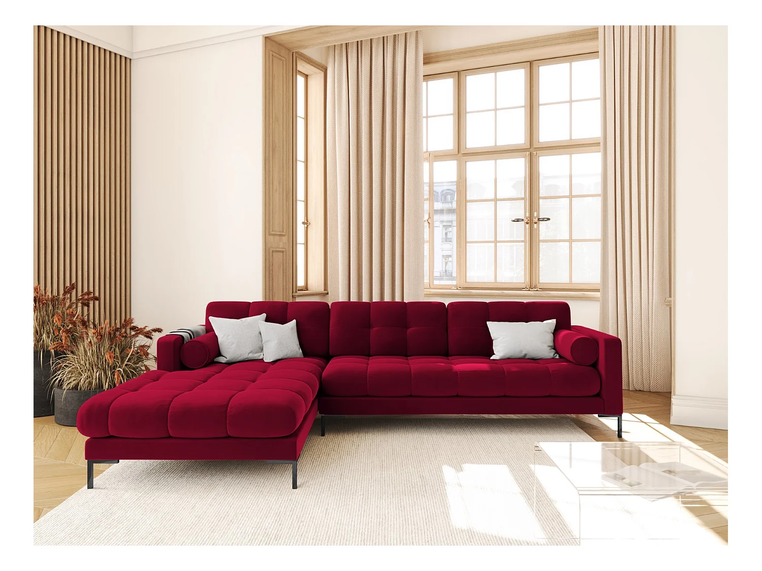 Cosmopolitan Design - 5-Sitzer Ecksofa links "Bali" aus Samt rot - 293x185x75cm