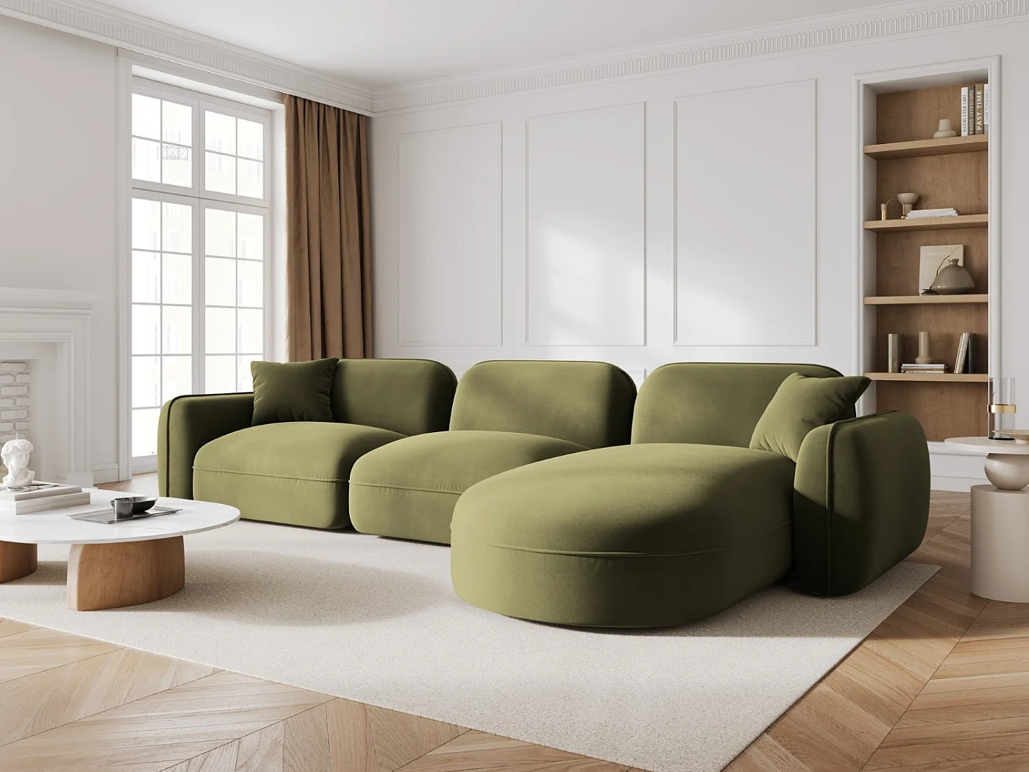 CXL by Christian Lacroix - Canapé d'angle droit modulable "Lucien" 4 places en velours vert clair - 320x165x70cm