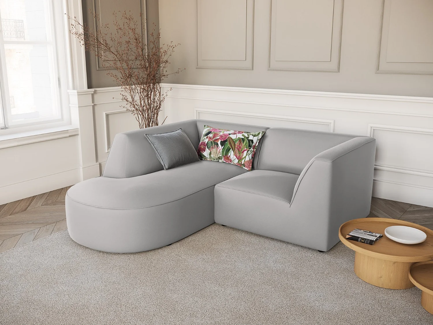 CXL by Christian Lacroix - Linker hoekbank "Charles" 3 zitplaatsen, Flueel, Lichtgrijs - 186x180x69cm