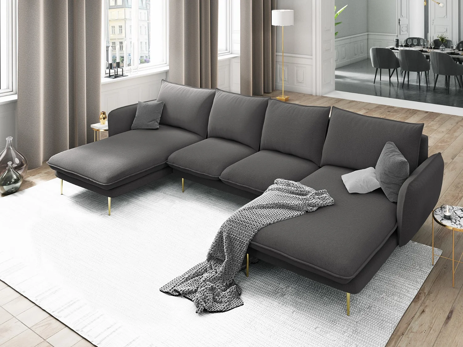 Cosmopolitan Design - Canapé panoramique "Vienna" 6 places en tissu structurel gris foncé - 350x170x95cm