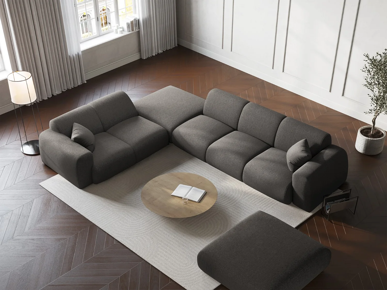 Cosmopolitan Design - 4-Sitzer Ecksofa links "Nolio" aus Chenille-Stoff grau - 315x250x72cm