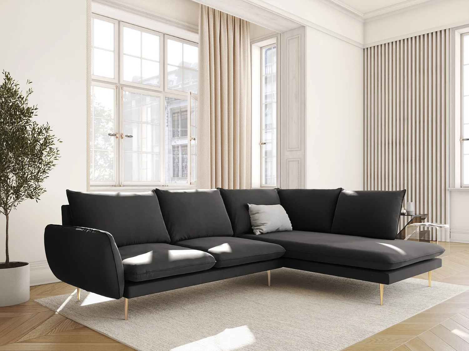 Cosmopolitan Design - Rechter hoekbank "Vienna" 6 zitplaatsen, Flueel, Donkergrijs - 275x185x95cm