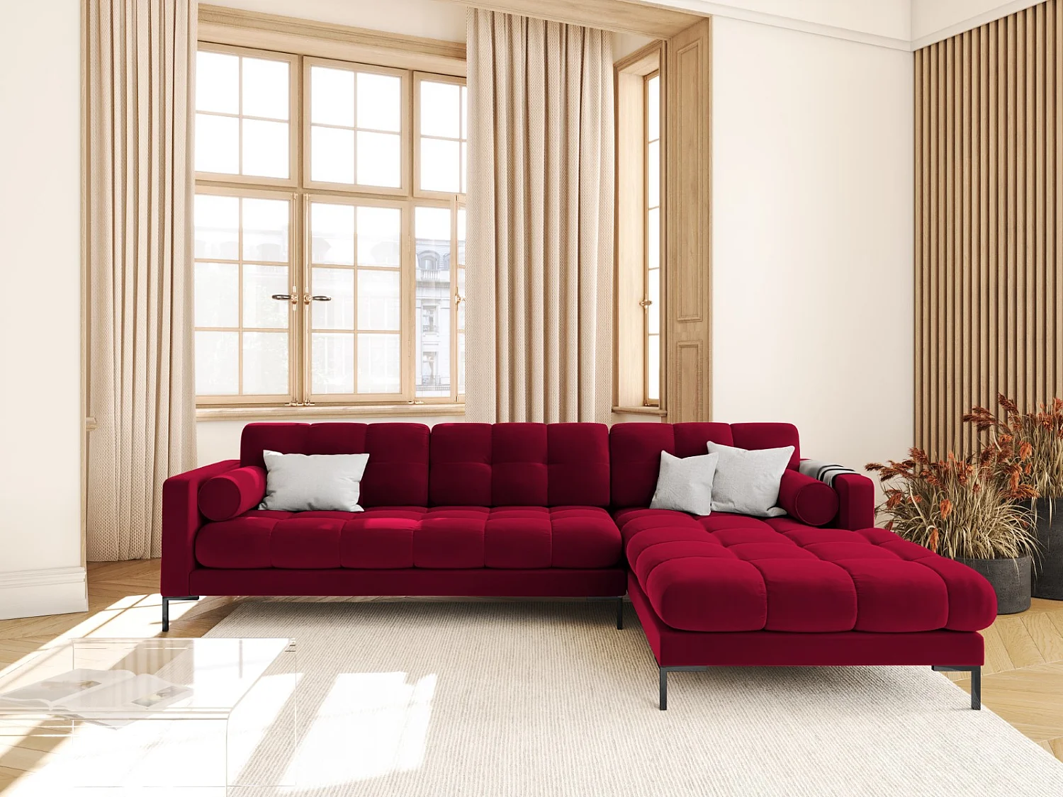 Cosmopolitan Design - Narożnik prawy, "Bali" 5 miejsc welur, czerwony - 293x185x75cm