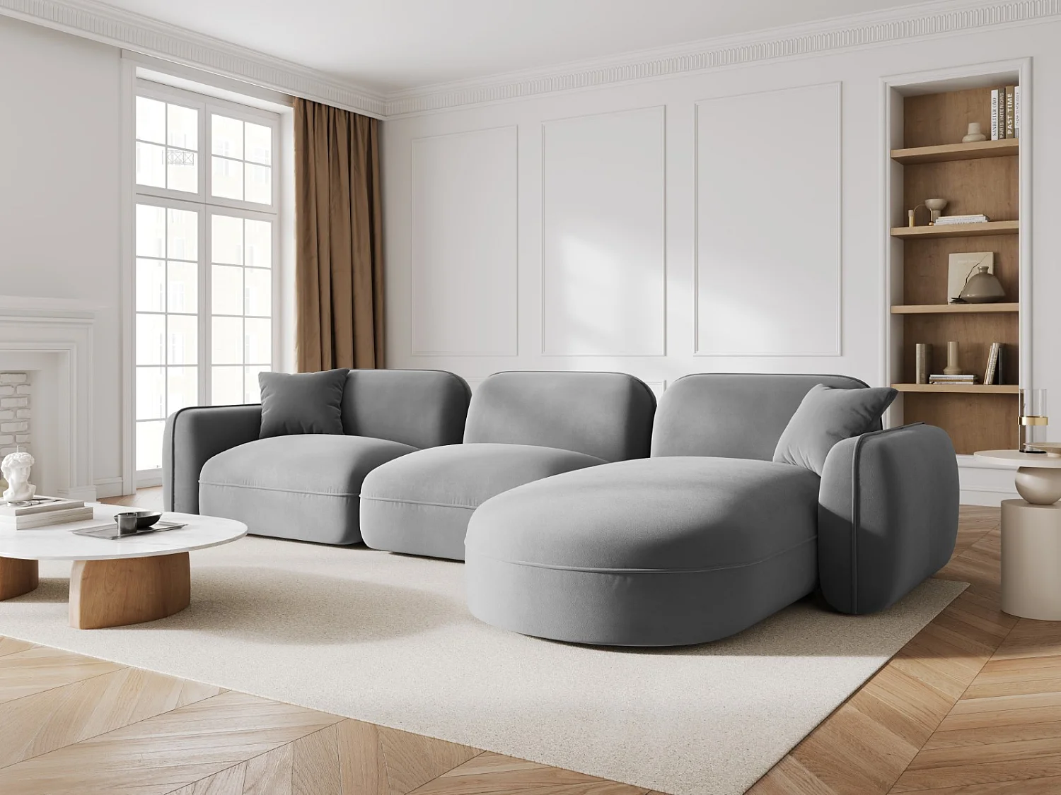 CXL by Christian Lacroix - Canapé d'angle droit modulable "Lucien" 4 places en velours gris clair - 320x165x70cm