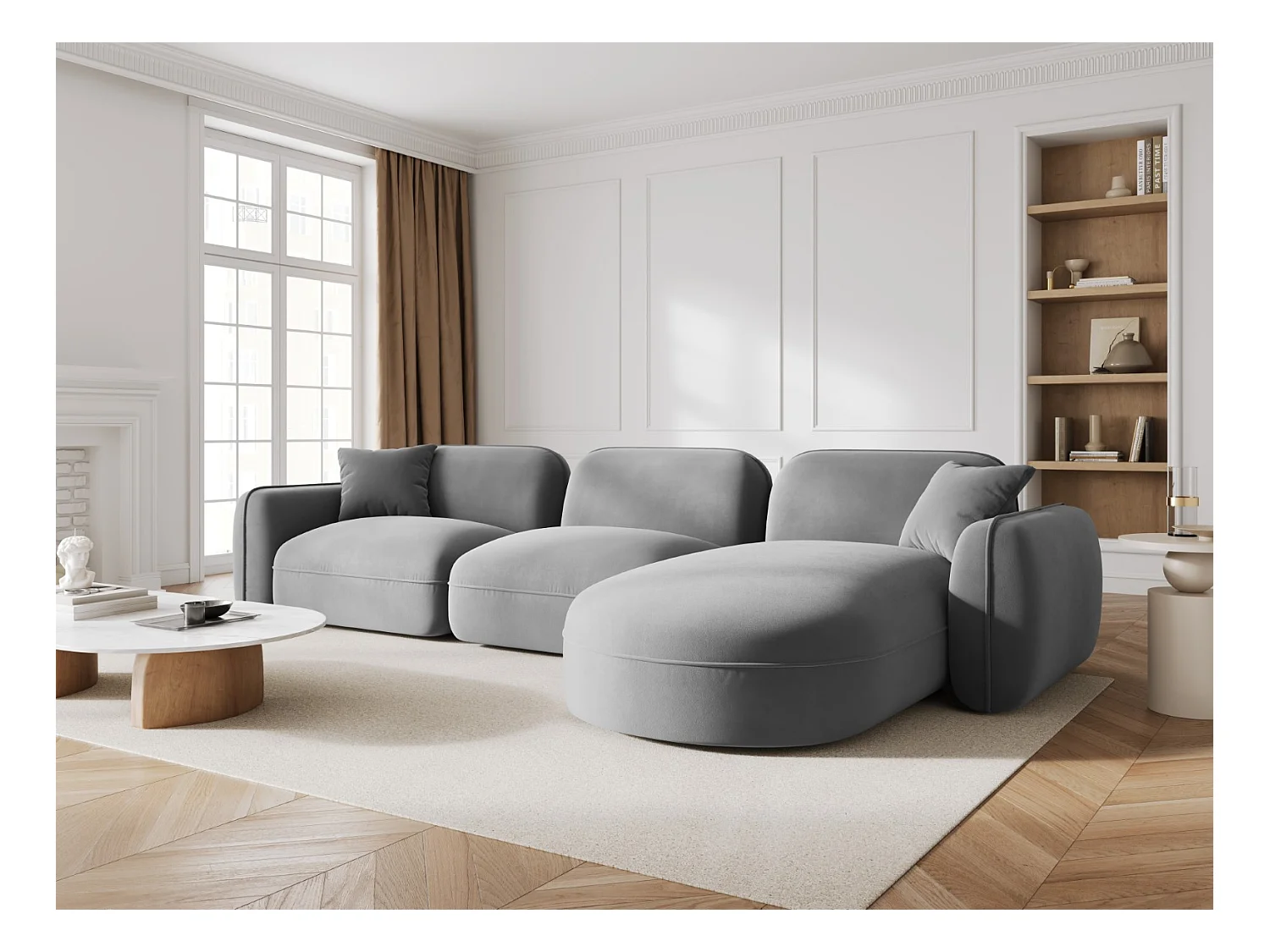 CXL by Christian Lacroix - Canapé d'angle droit modulable "Lucien" 4 places en velours gris clair - 320x165x70cm