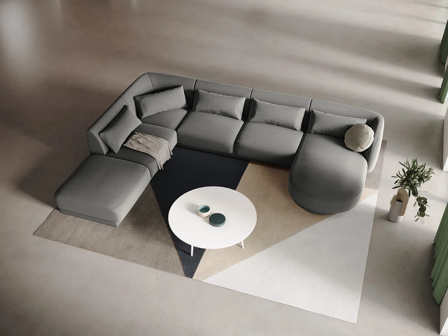 Cosmopolitan Design - 6-Sitzer Panoramasofa links "Tulum" aus Samt hellgrau - 330x255x70cm