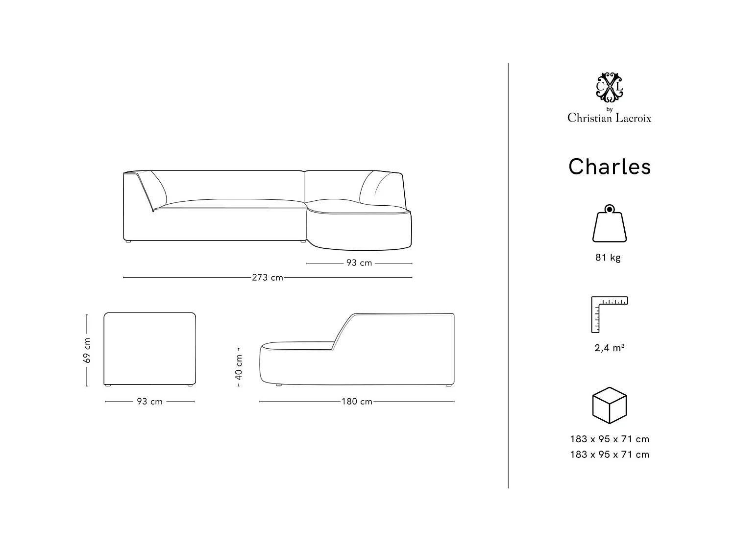 CXL by Christian Lacroix - Canapé d'angle droit "Charles" 4 places en velours beige clair - 273x180x69cm