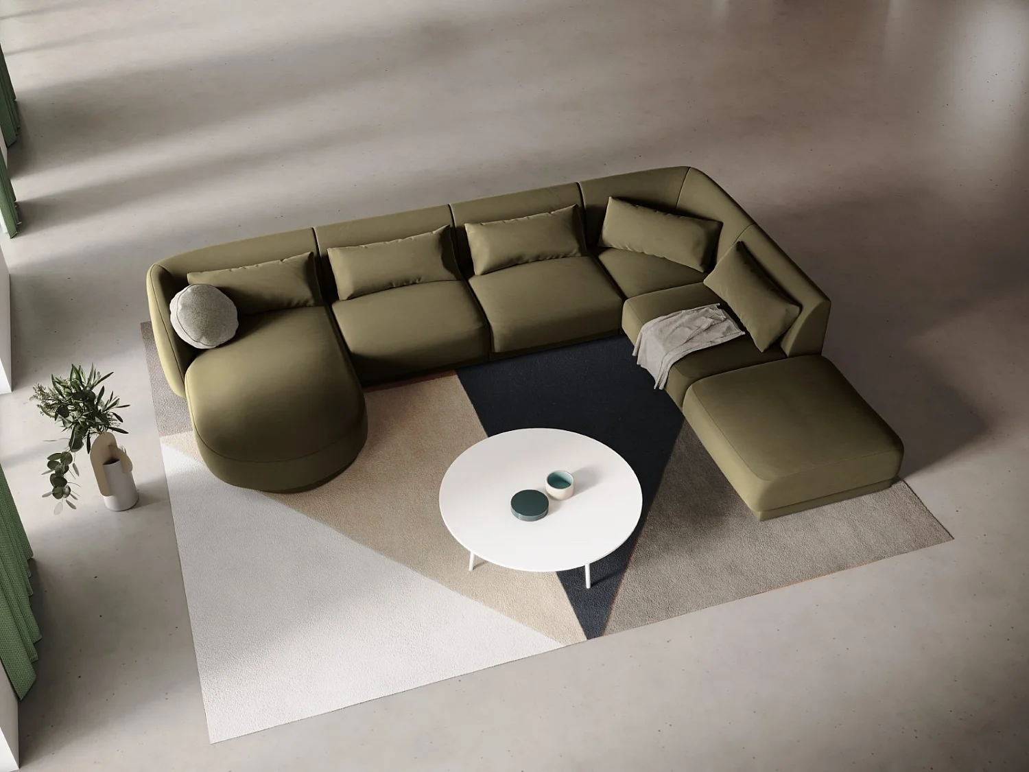 Cosmopolitan Design - Canapé d'angle droit panoramique "Tulum" 6 places en velours vert - 330x255x70cm