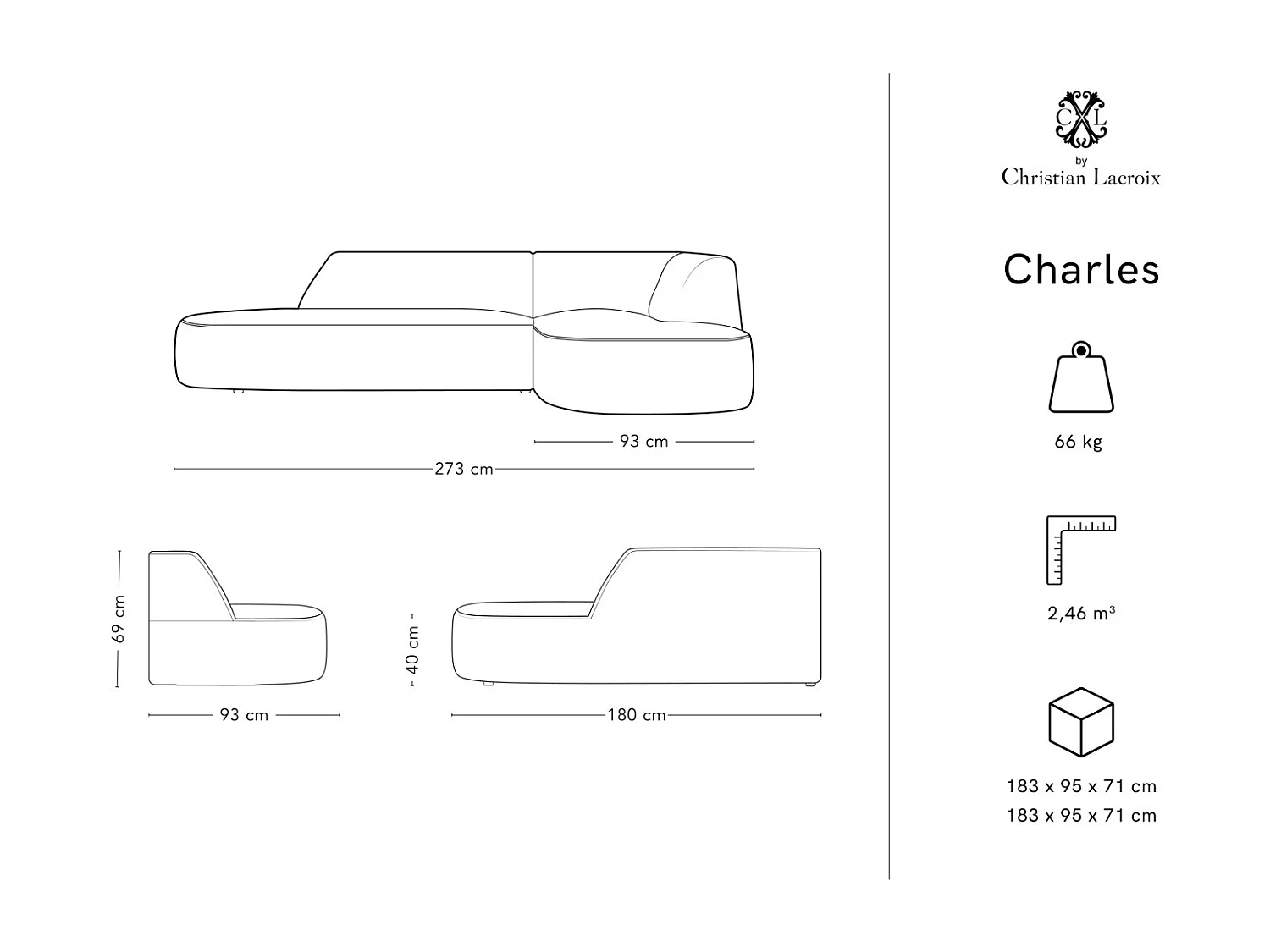 CXL by Christian Lacroix - 4-Sitzer Ecksofa rechts "Charles" Sitzer aus Samt schwarz - 273x180x69cm