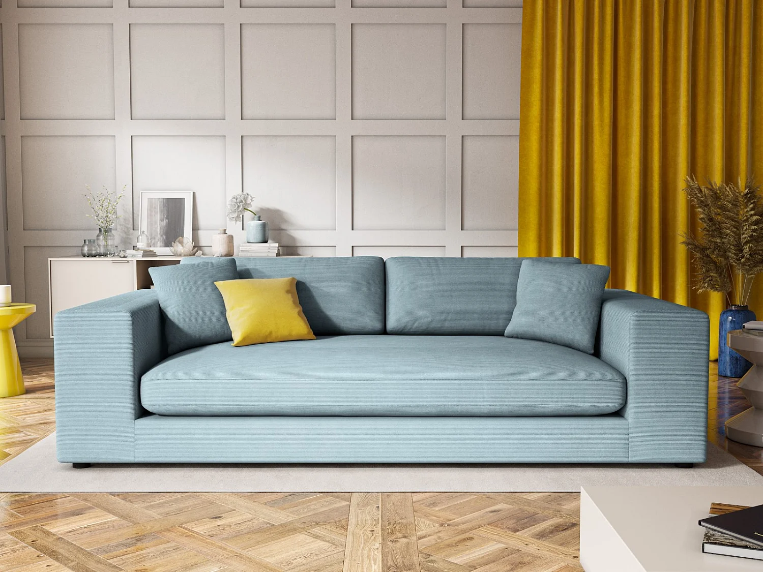 CXL by Christian Lacroix - Canapé "Tendance" 4 places en velours côtelé bleu clair - 262x122x72cm