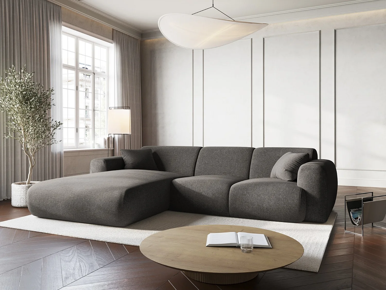 Cosmopolitan Design - Divano angolare sinistro "Nolio" 4 posti in ciniglia grigio - 260x170x72cm