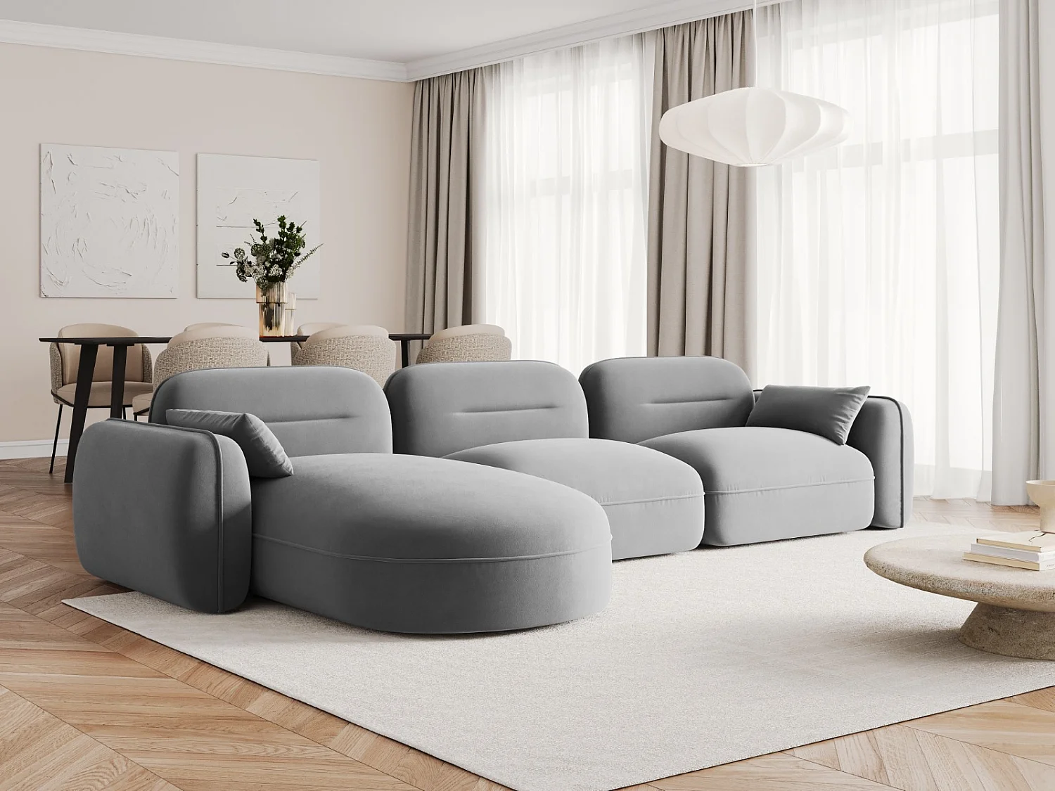 Cosmopolitan Design - 4-Sitzer modulares Ecksofa links "Sydney" aus Samt hellgrau - 320x165x70cm