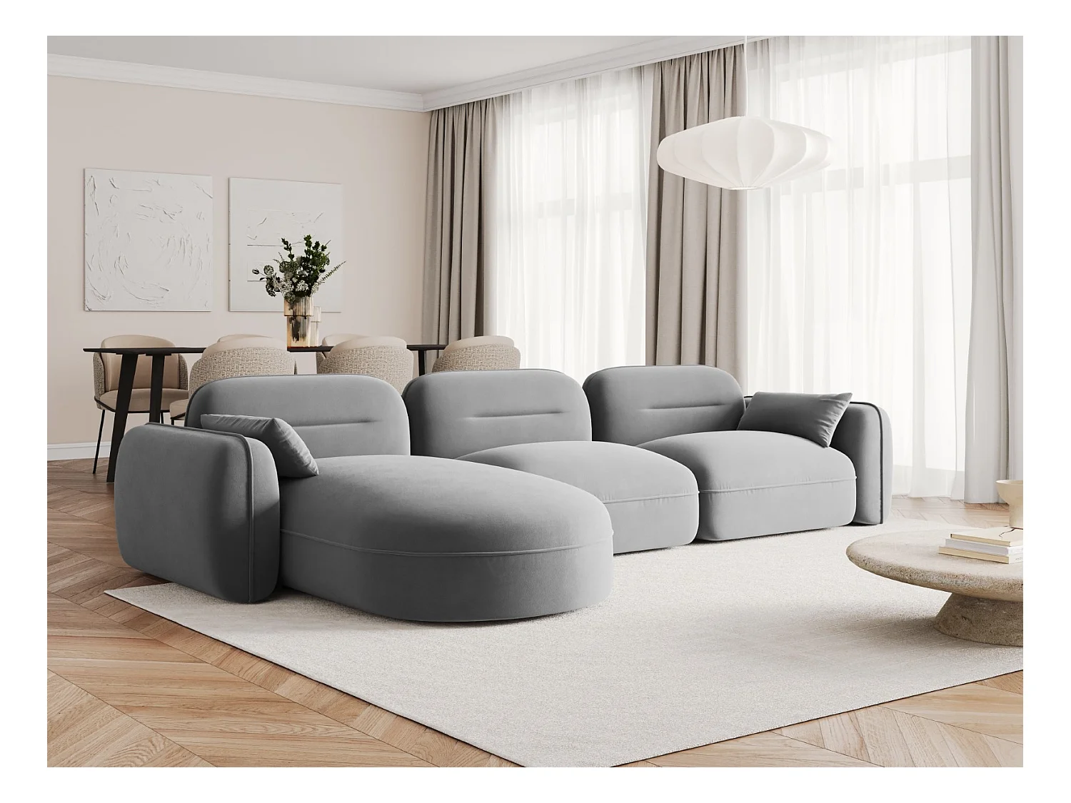 Cosmopolitan Design - Canapé d'angle gauche modulable "Sydney" 4 places en velours gris clair - 320x165x70cm