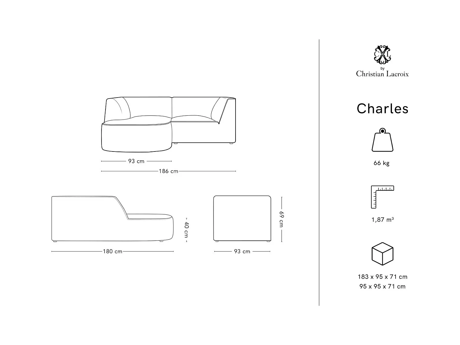 CXL by Christian Lacroix - Canapé d'angle gauche "Charles" 3 places en velours rouge - 186x180x69cm