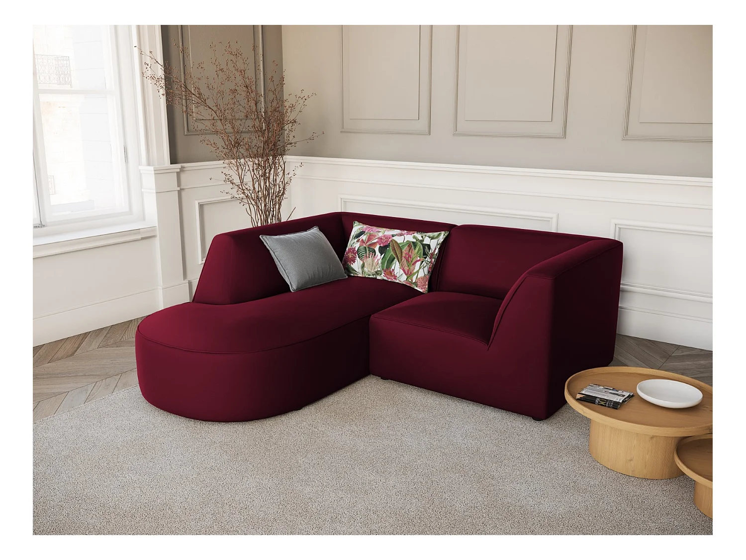 CXL by Christian Lacroix - Canapé d'angle gauche "Charles" 3 places en velours rouge - 186x180x69cm