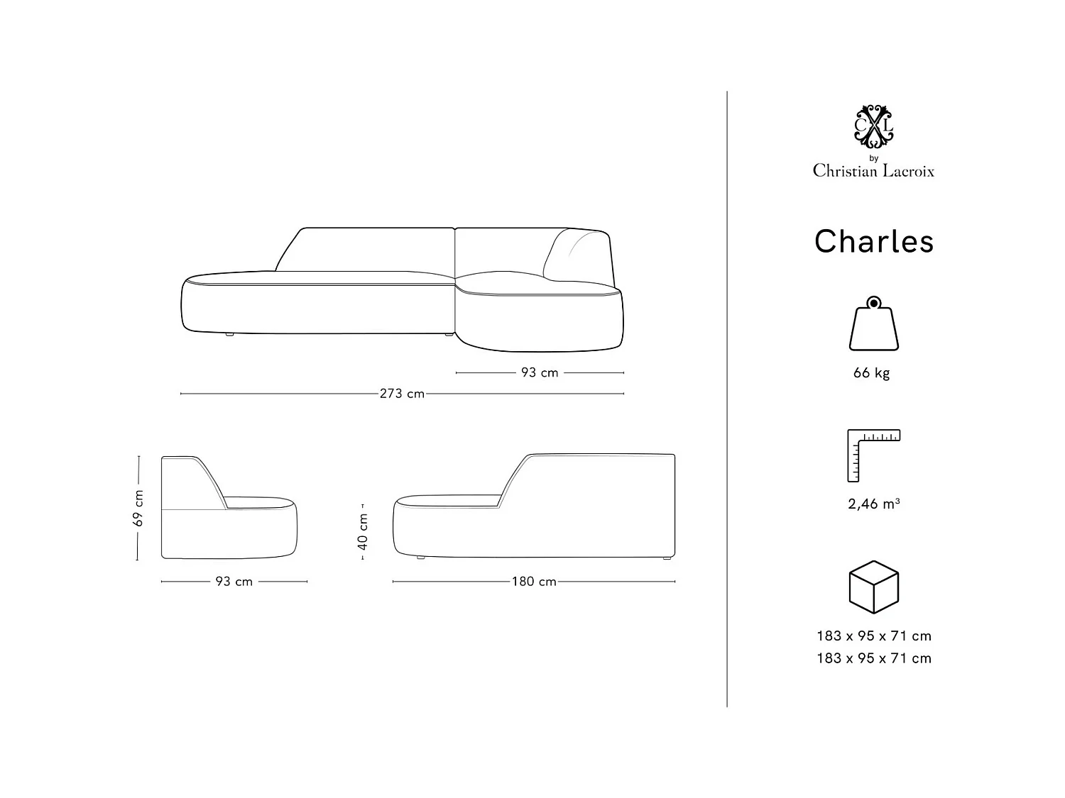CXL by Christian Lacroix - Canapé d'angle droit "Charles" 4 places en velours gris clair - 273x180x69cm