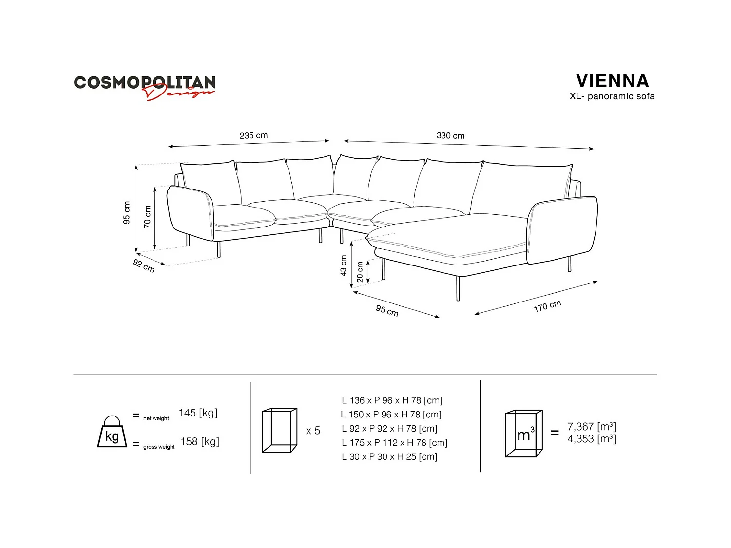 Cosmopolitan Design - Canapé d'angle gauche panoramique "Vienna" 7 places en velours gris clair - 330x235x95cm