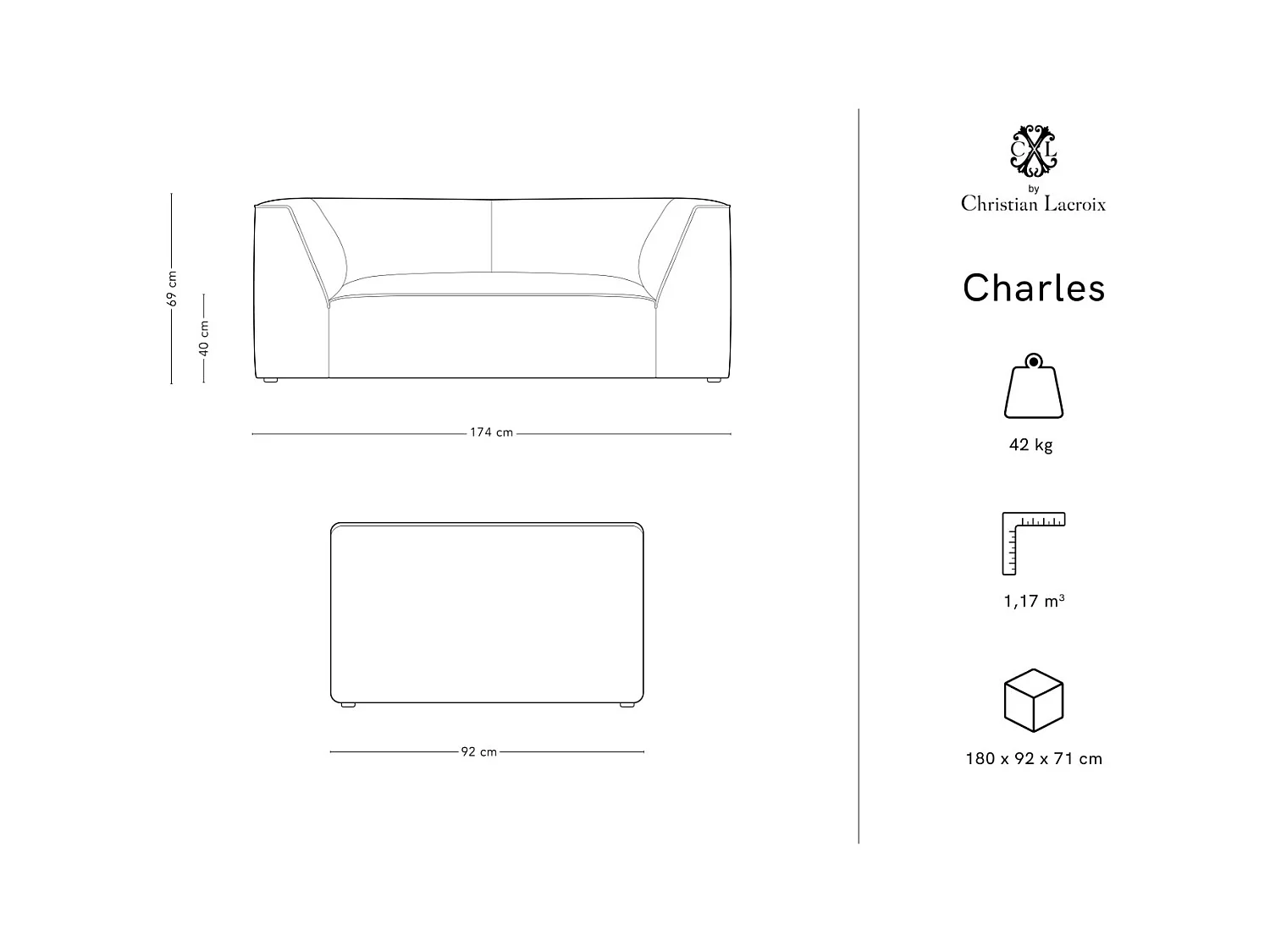 CXL by Christian Lacroix - Canapé "Charles" 2 places en velours rose - 174x92x69cm