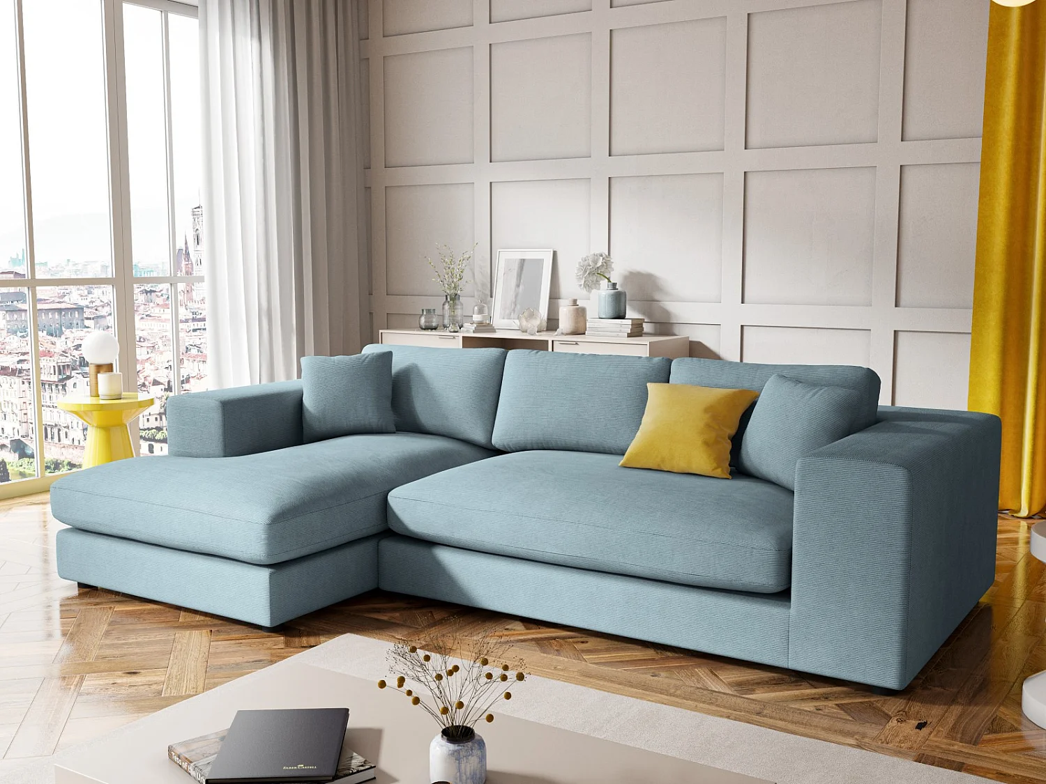 CXL by Christian Lacroix - 5-Sitzer Ecksofa links "Tendance" Sitzer aus Cord hellblau - 282x174x72cm