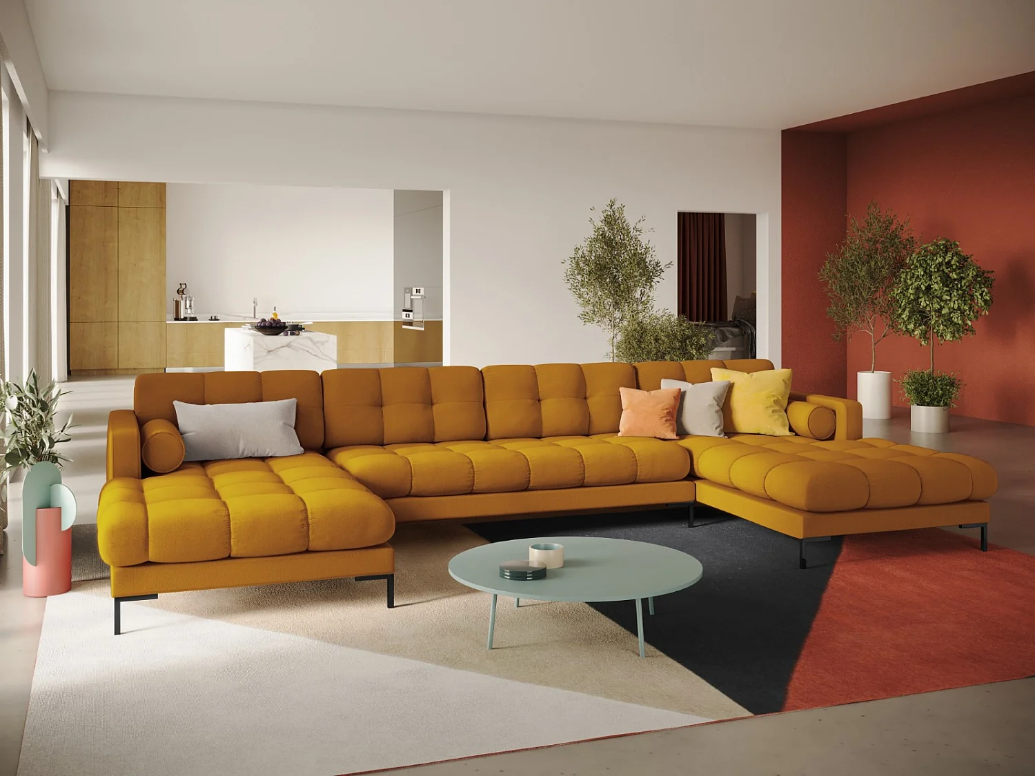 Cosmopolitan Design - Sofá panorâmico "Bali" 7 lugares em tecido estrutural amarelo - 383x185x75cm