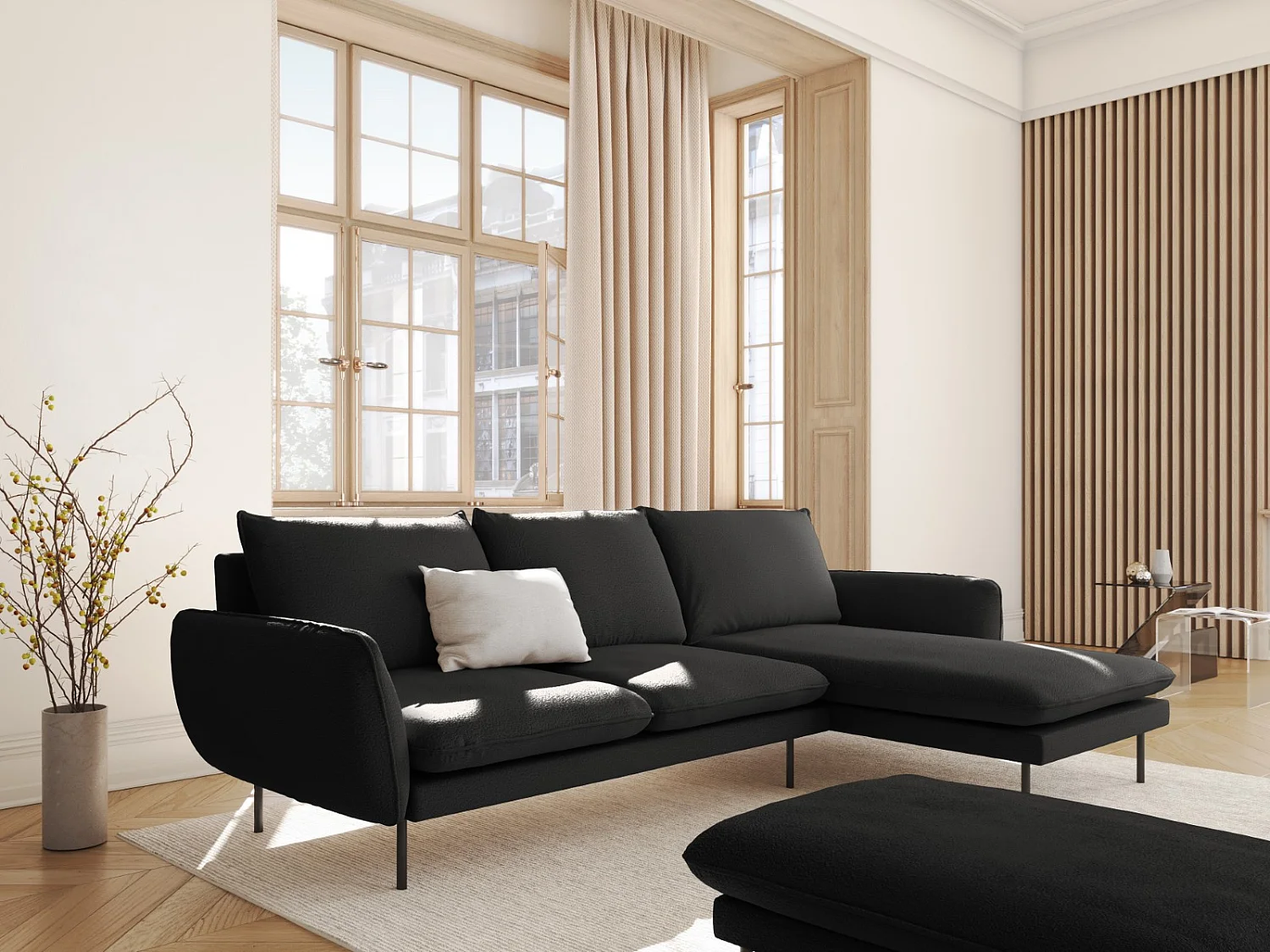 Cosmopolitan Design - Canapé d'angle droit "Vienna" 5 places en bouclé noir - 255x170x95cm