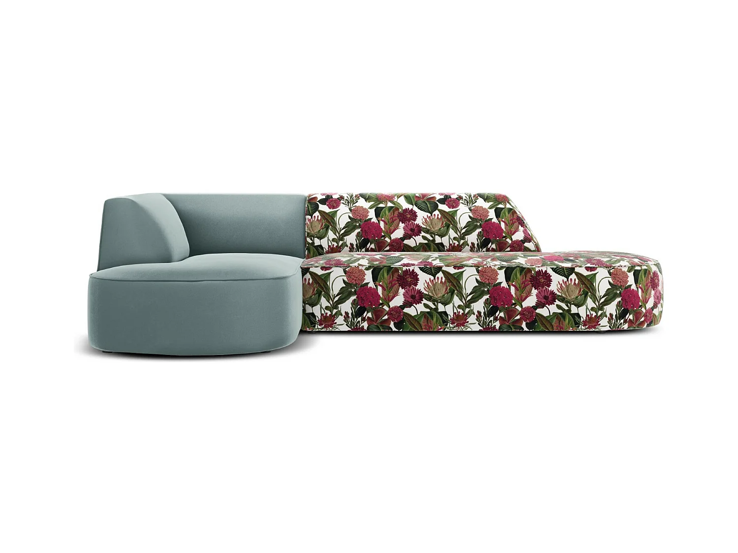 CXL by Christian Lacroix - Canapé d'angle gauche "Charles" 4 places en velours motif de rose de jardin,menthe - 273x180x69cm