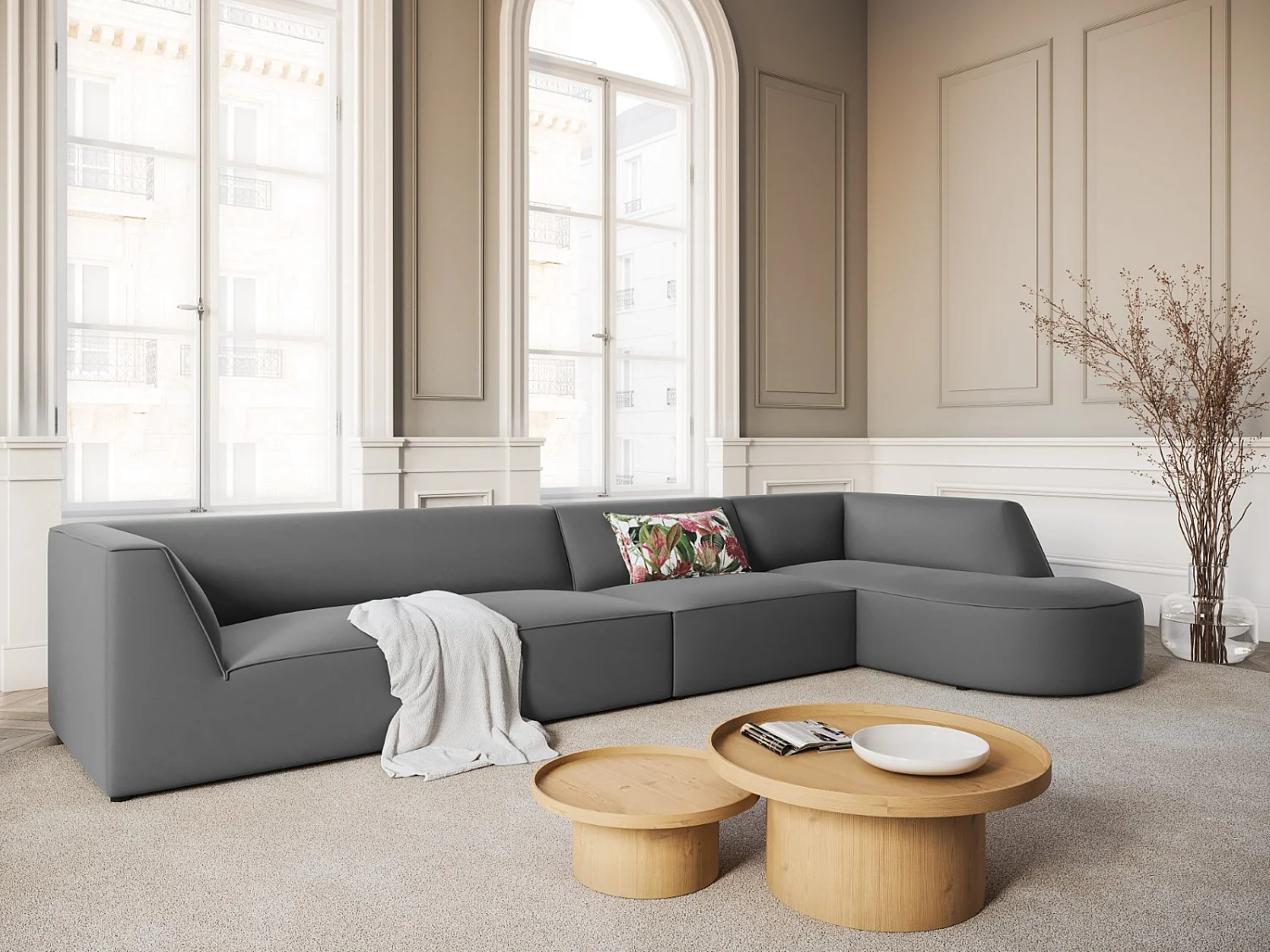 CXL by Christian Lacroix - 5-Sitzer Ecksofa rechts "Charles" Sitzer aus Samt dunkelgrau - 366x180x69cm