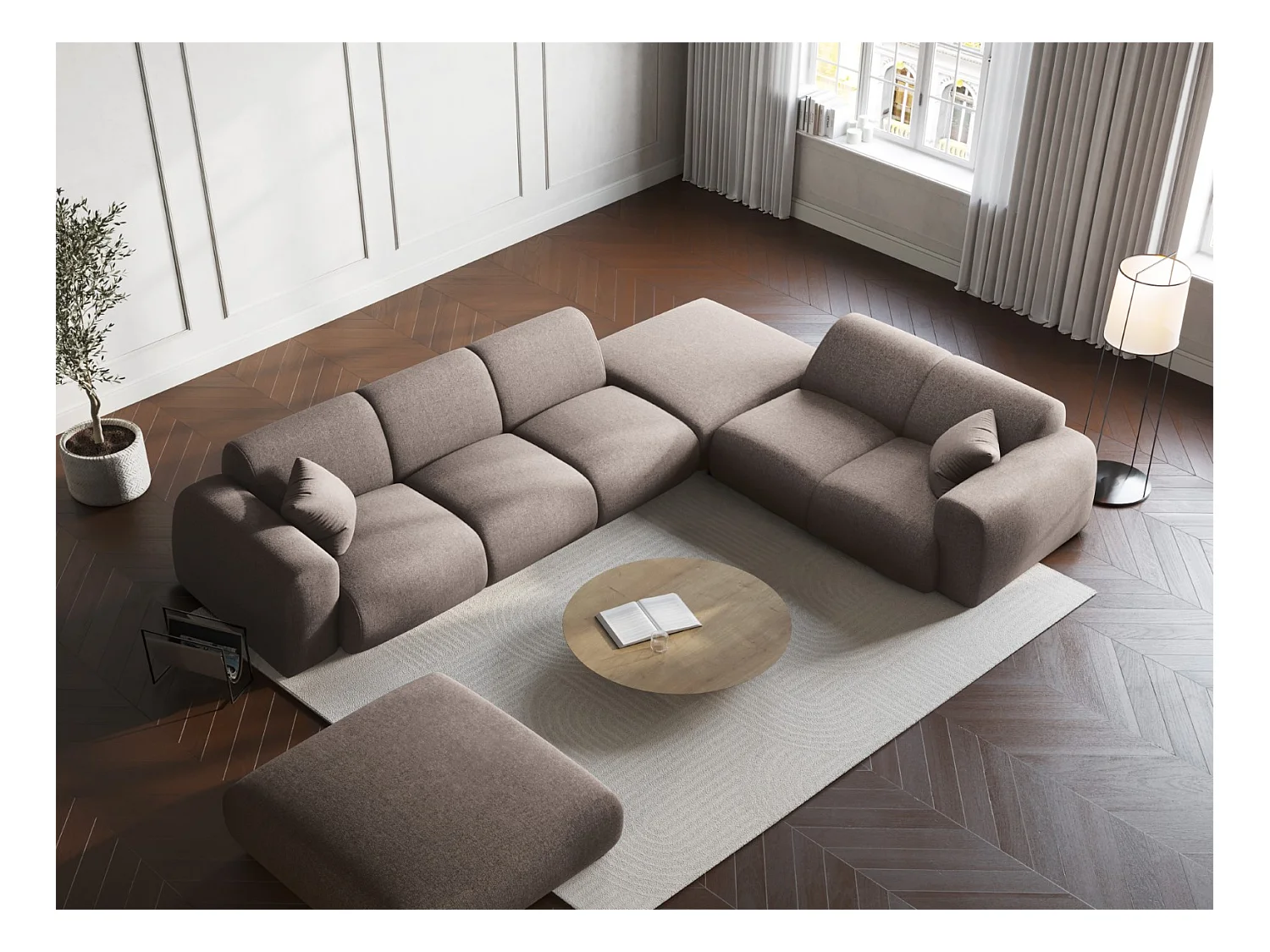 Cosmopolitan Design - Canapé d'angle droit "Nolio" 4 places en chenille beige - 315x250x72cm