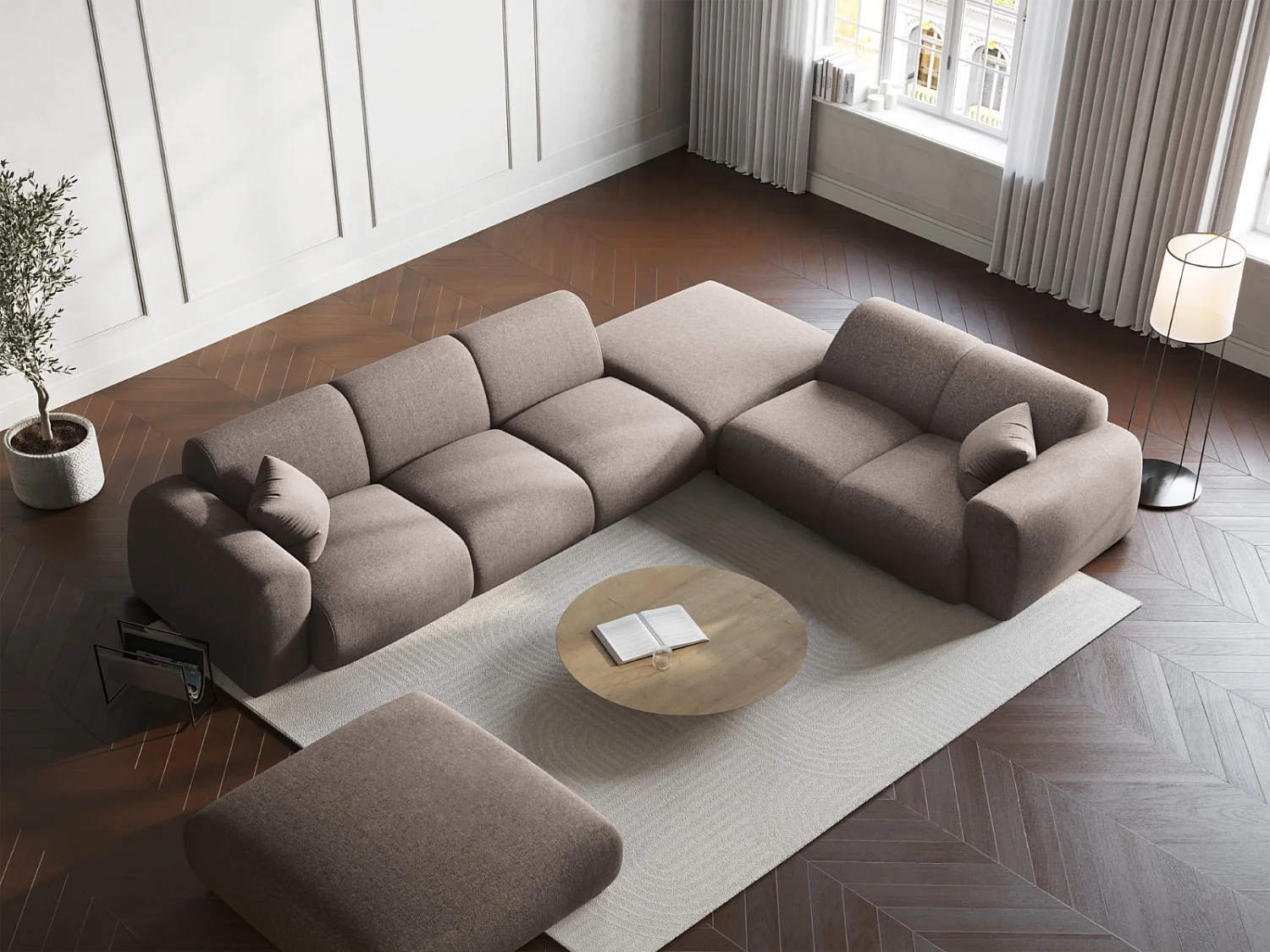 Cosmopolitan Design - Canapé d'angle droit "Nolio" 4 places en chenille beige - 315x250x72cm