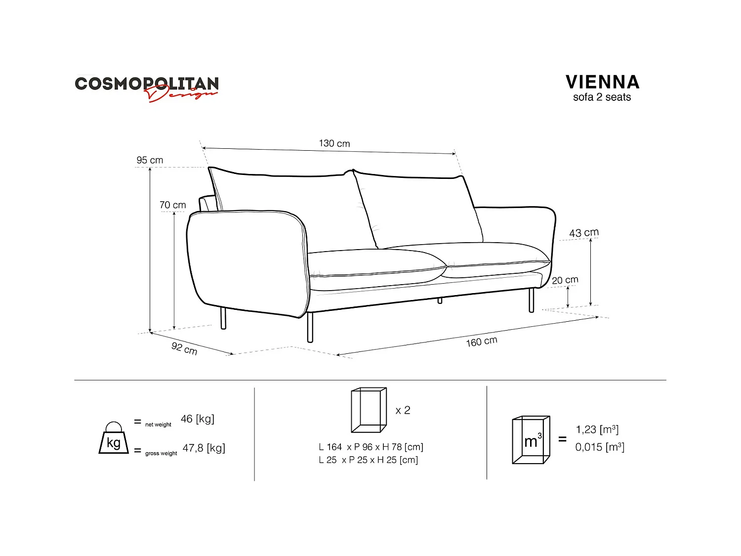 Cosmopolitan Design - Canapé "Vienna" 2 places en tissu structurel beige clair - 160x92x95cm