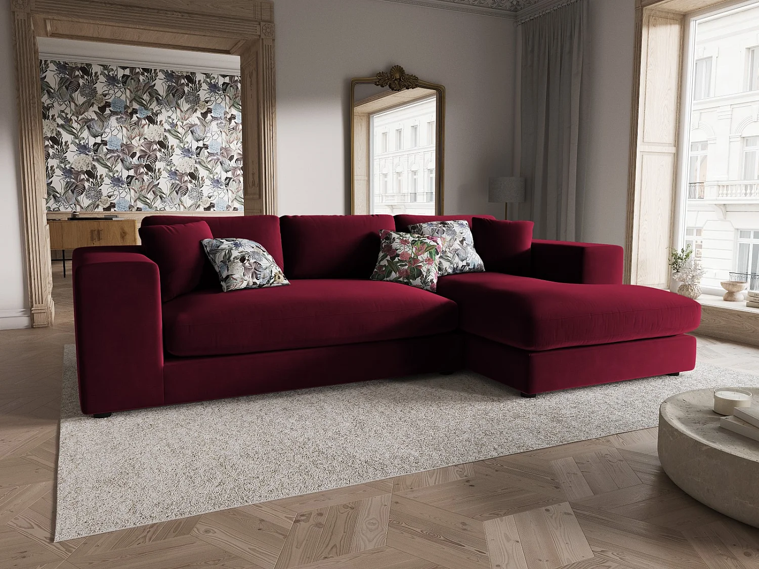 CXL by Christian Lacroix - Narożnik prawy, "Tendance" 5 miejsc welur, czerwony - 282x174x72cm