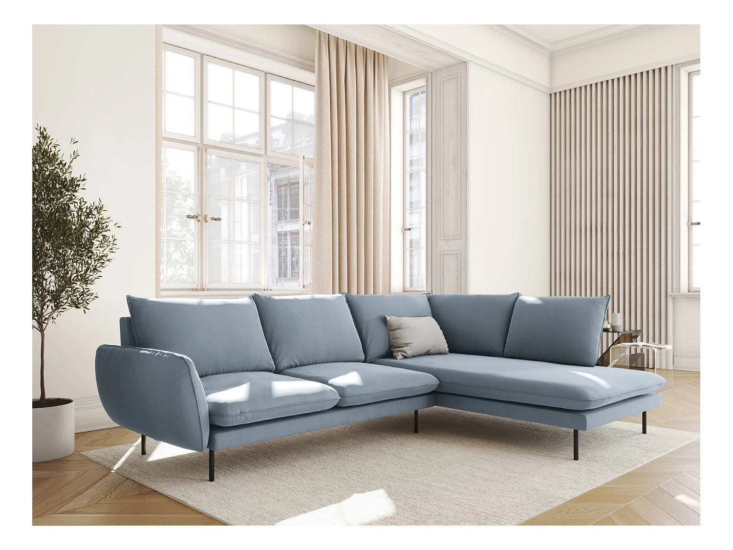 Cosmopolitan Design - Canapé d'angle droit "Vienna" 6 places en velours bleu clair - 275x185x95cm