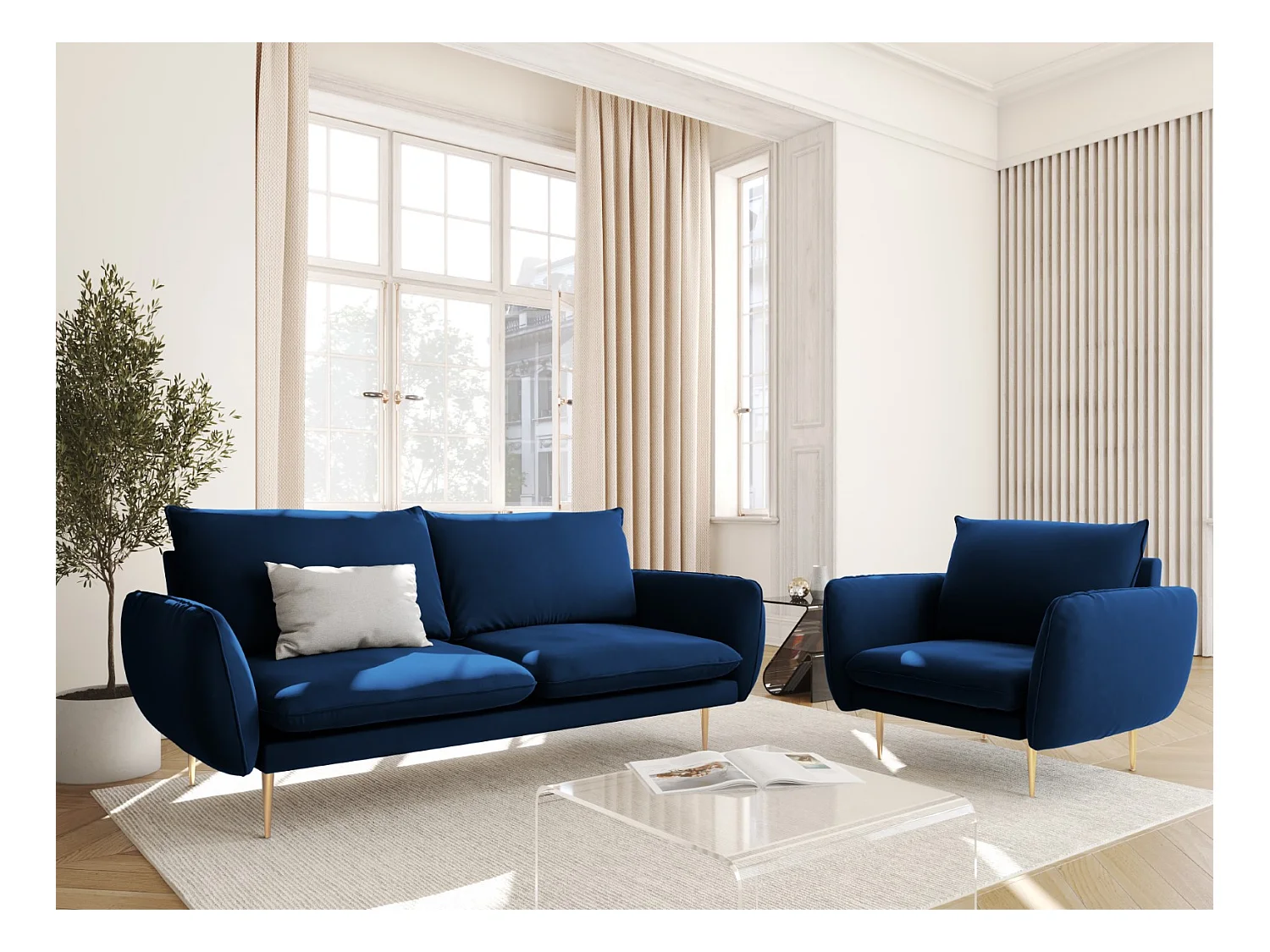 Cosmopolitan Design - Canapé "Vienna" 2 places en velours bleu roi - 160x92x95cm