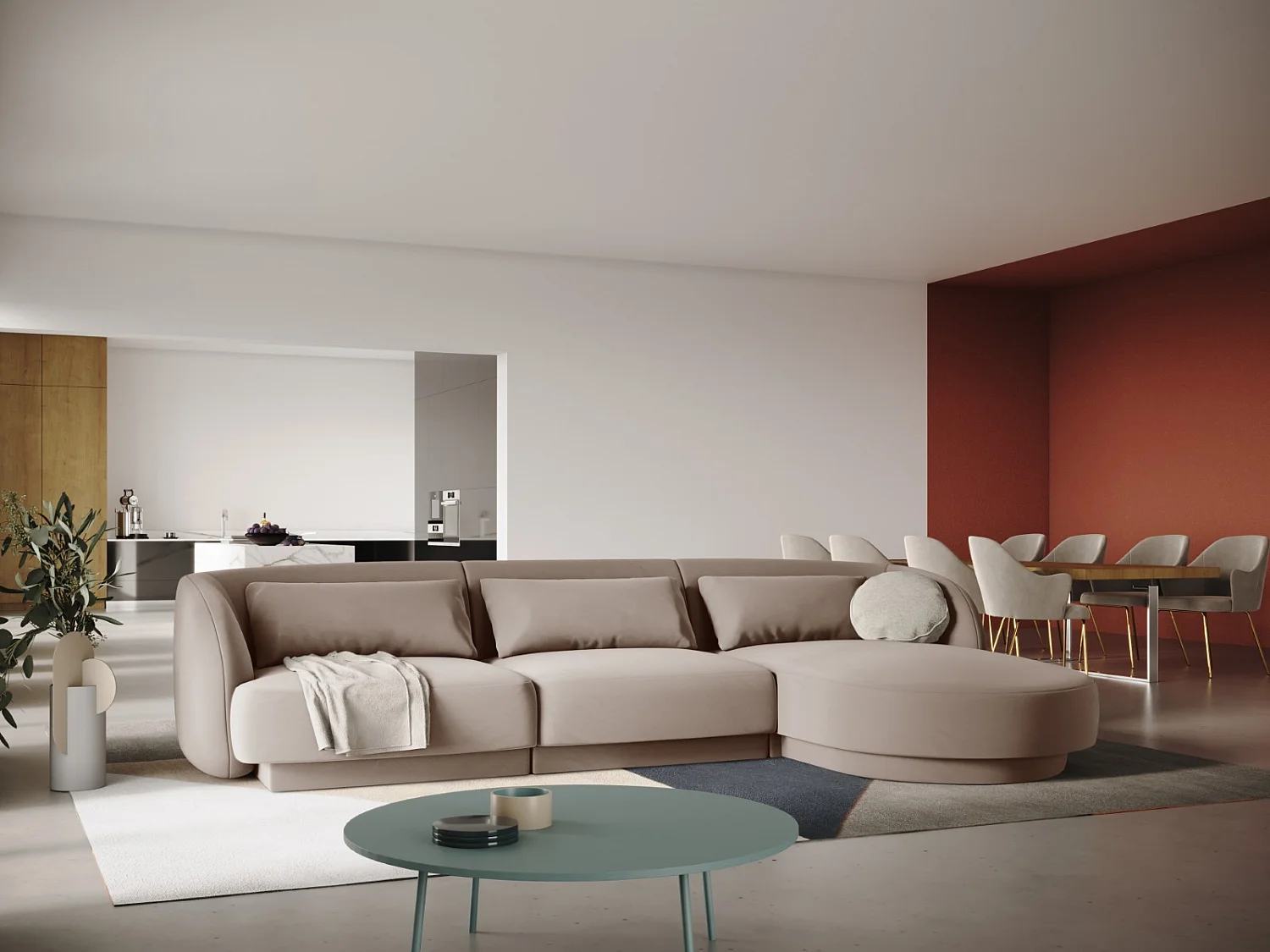 Cosmopolitan Design - Canapé d'angle droit "Tulum" 4 places en velours beige - 255x156x70cm