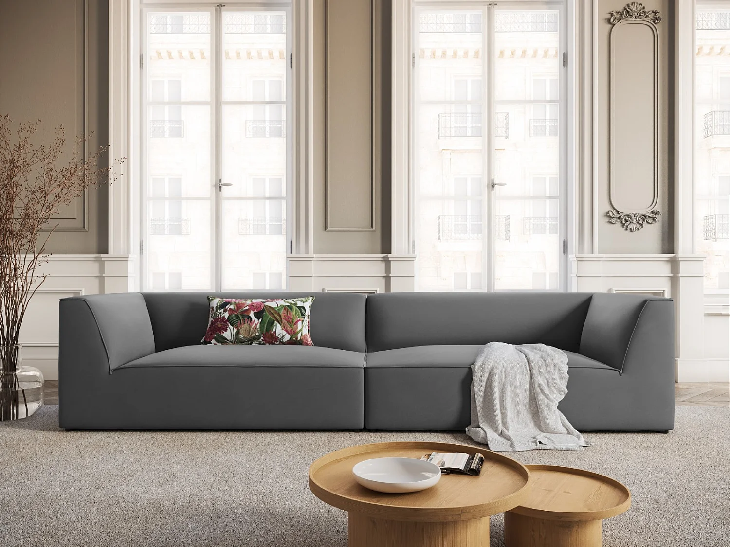 CXL by Christian Lacroix - Canapé "Charles" 4 places en velours gris foncé - 302x93x69cm