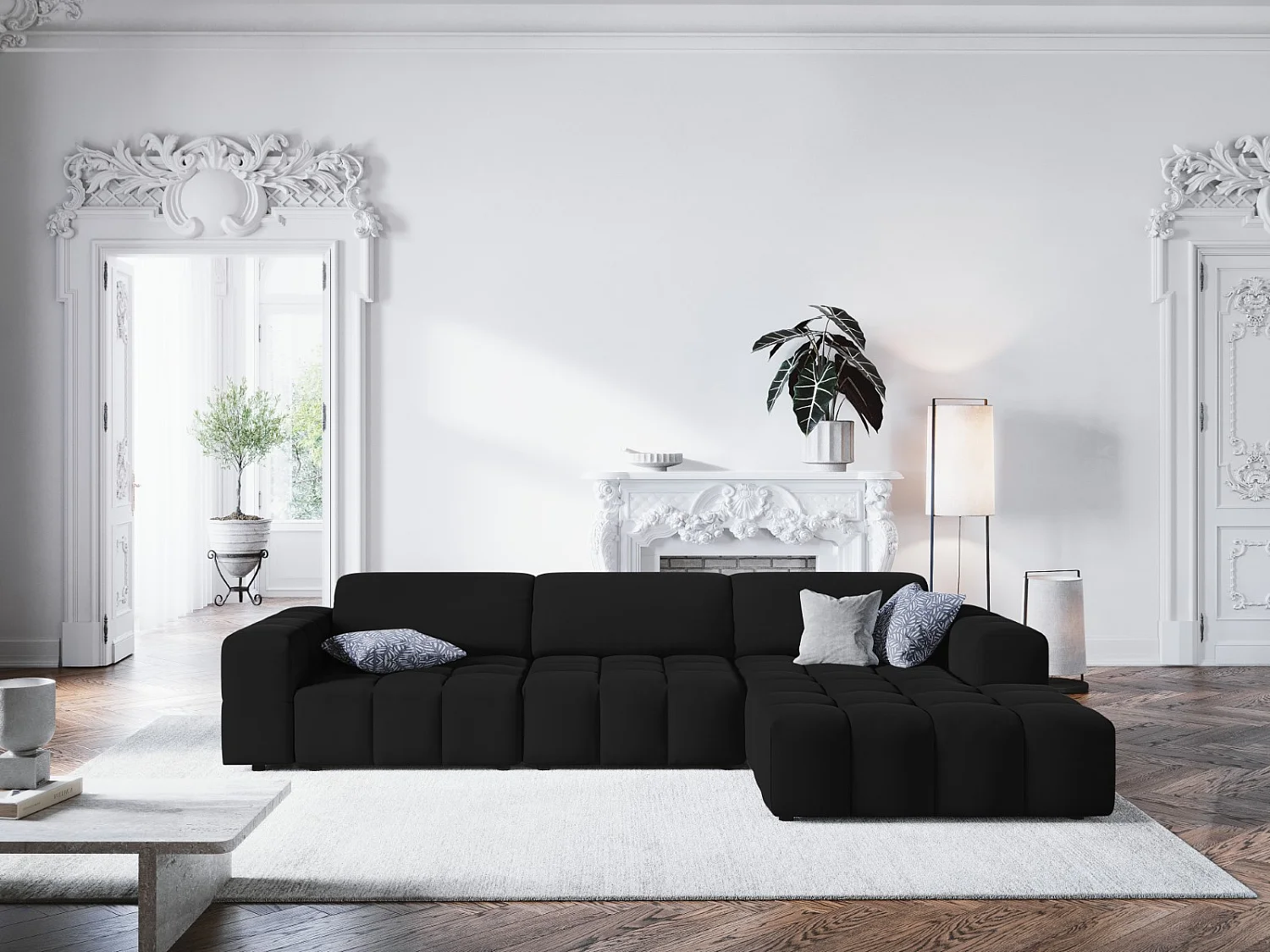 CXL by Christian Lacroix - Rechter hoekbank "Luc" 4 zitplaatsen, Flueel, Zwart - 284x166x70cm