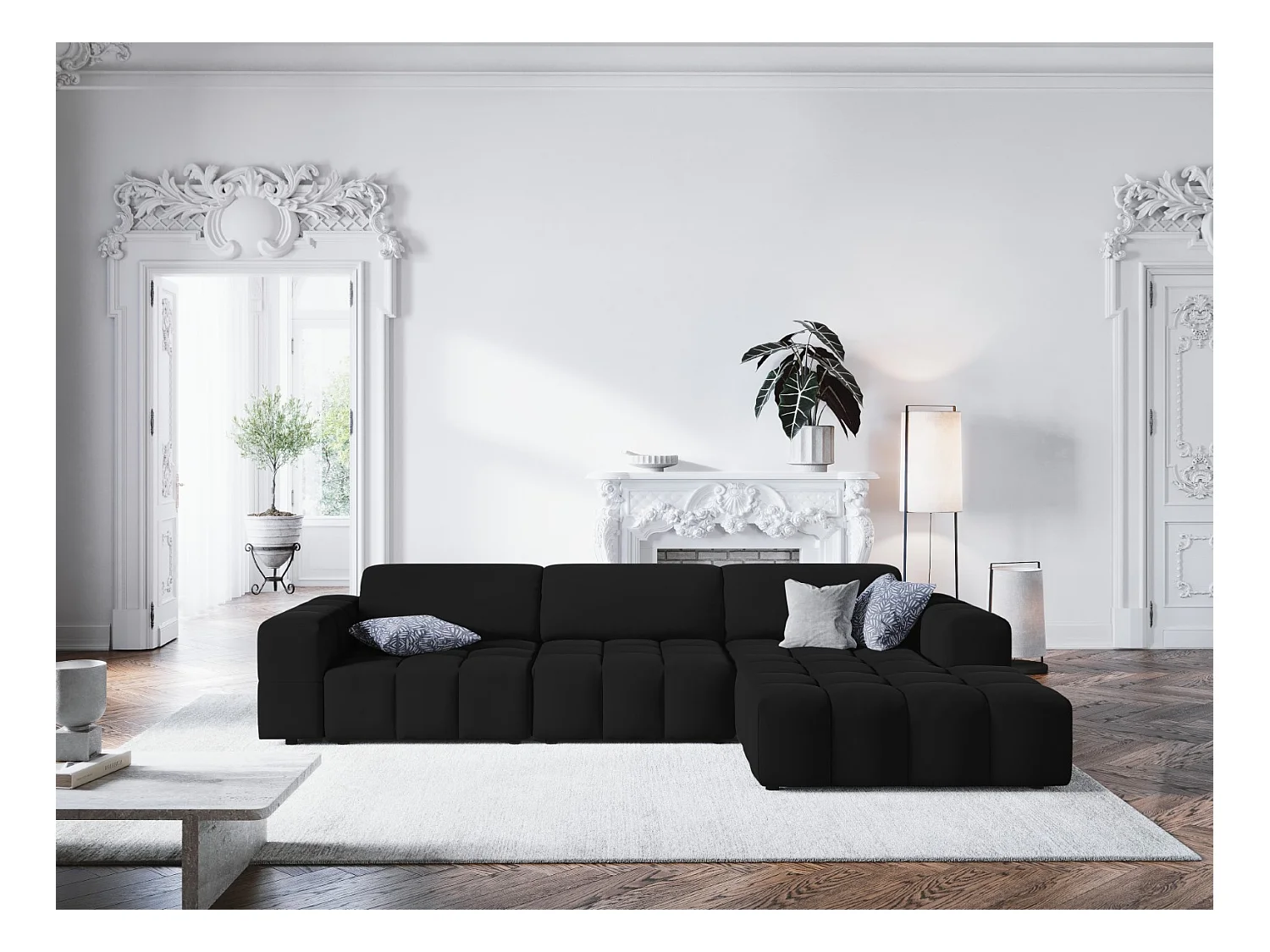 CXL by Christian Lacroix - Canapé d'angle droit "Luc" 4 places en velours noir - 284x166x70cm