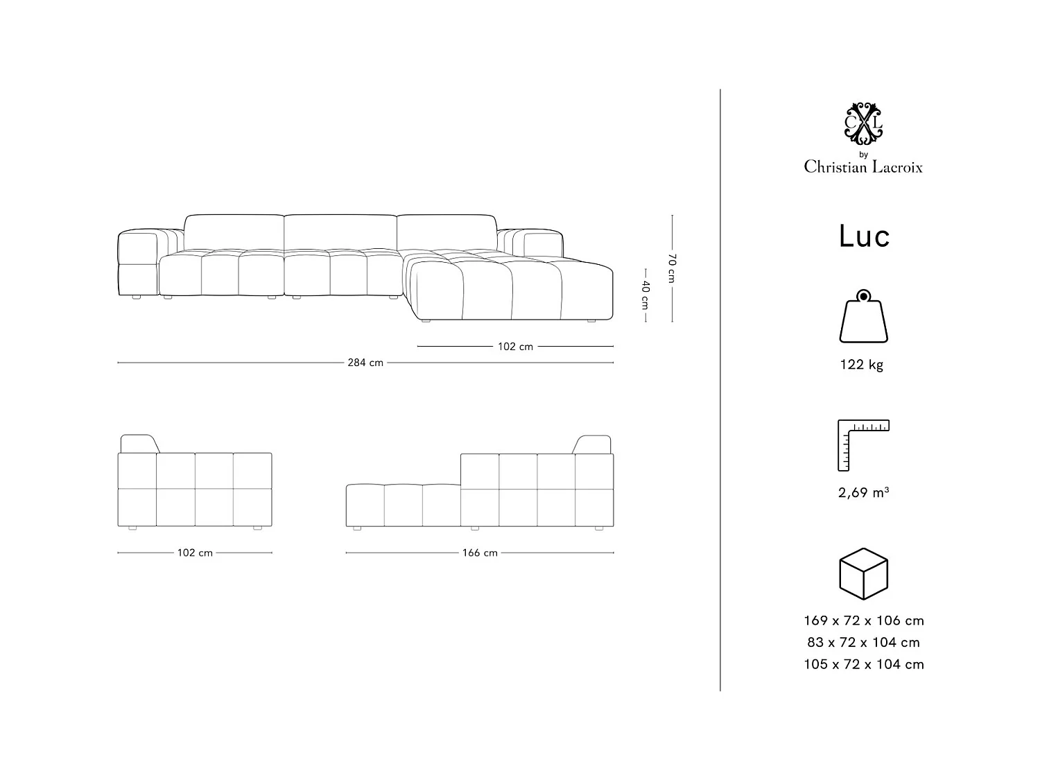 CXL by Christian Lacroix - Canapé d'angle droit "Luc" 4 places en velours noir - 284x166x70cm